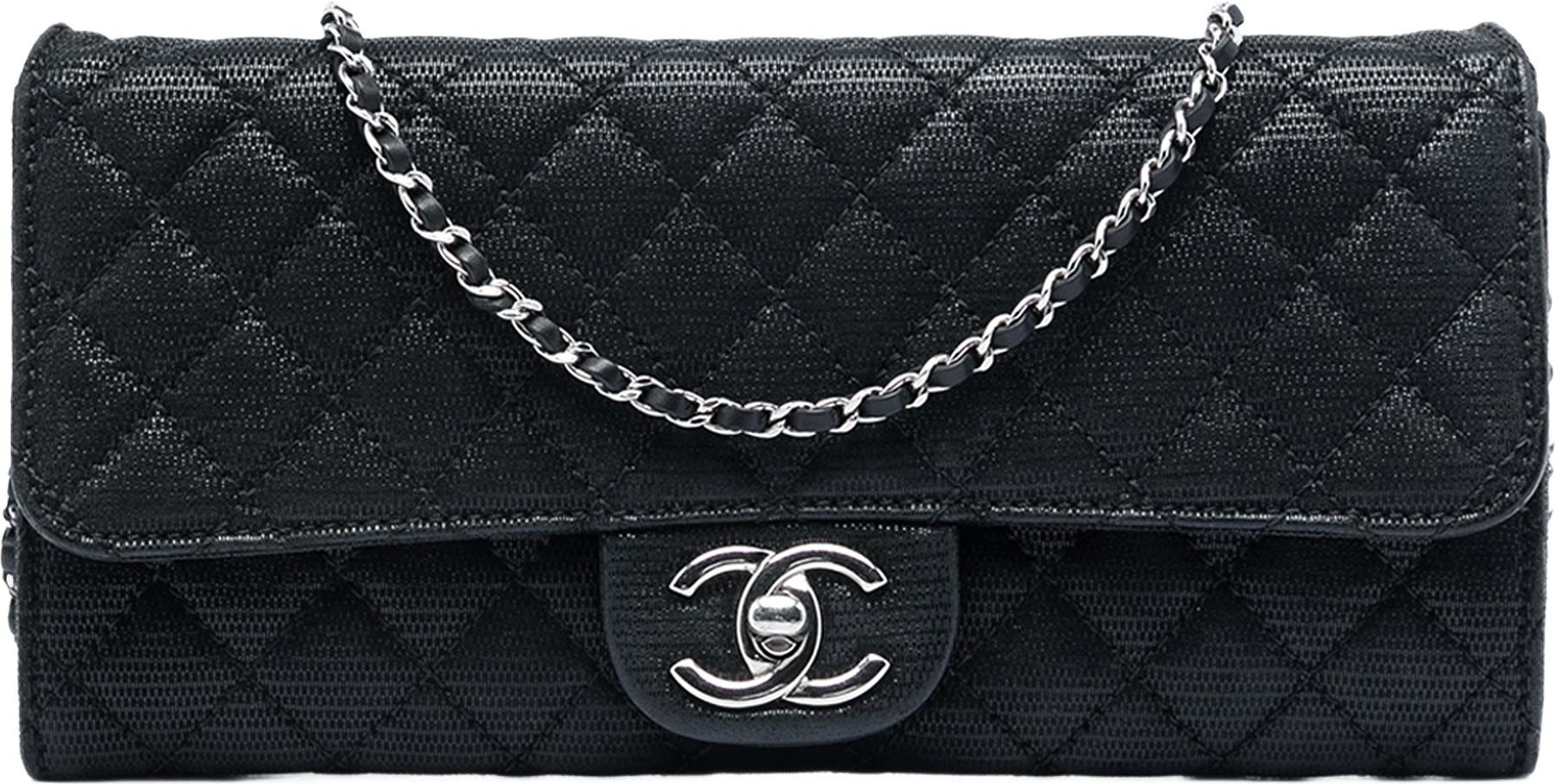 Chanel Cc Quilted Iridescent Fabric East West Flap, från Luxclusif, i färgen svart.