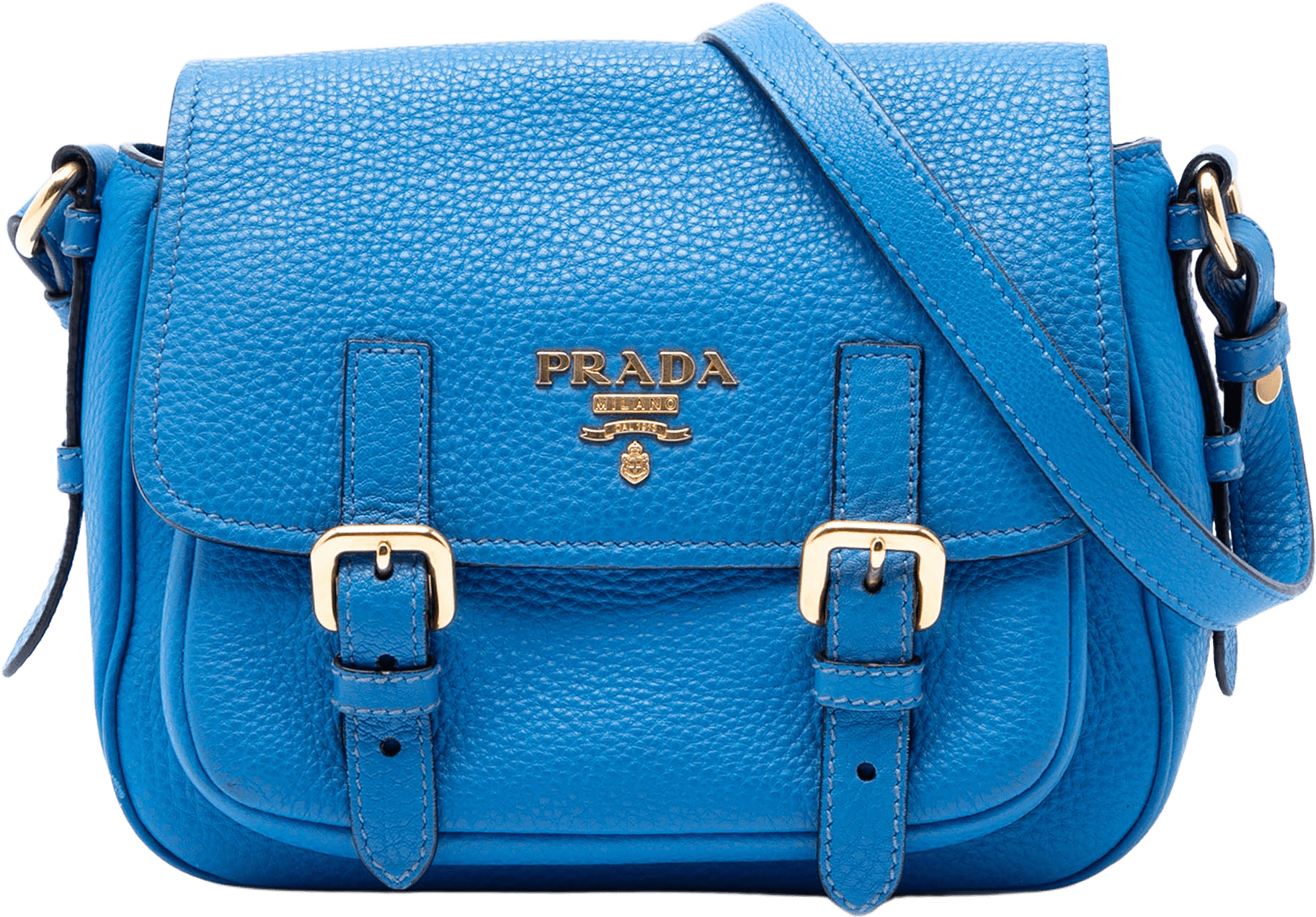 Prada Vitello Daino Double Buckle Messenger Bag, från Luxclusif, i färgen blue.
