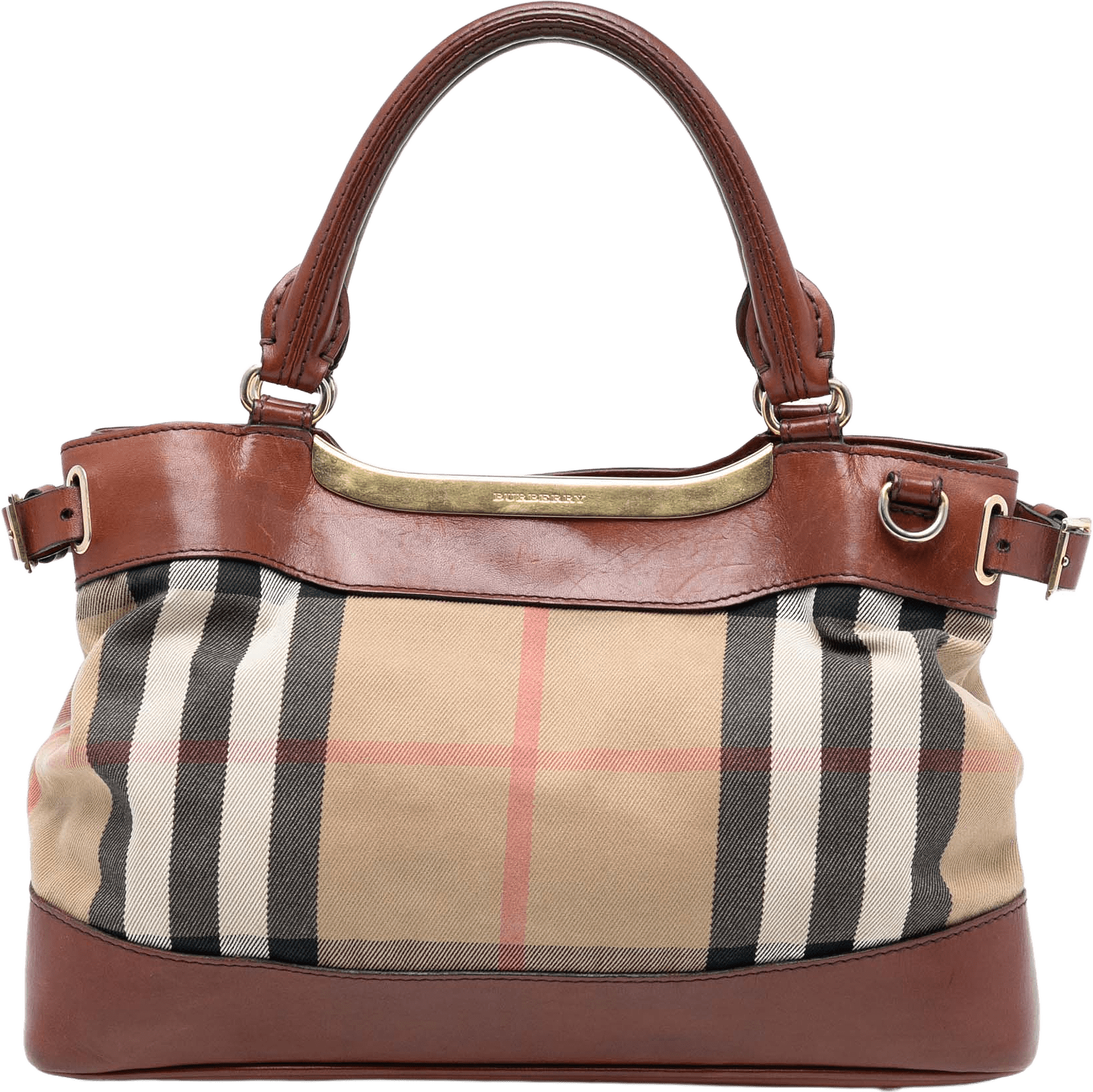Burberry Small House Check Canvas Bridle Hepburn Satchel, från Luxclusif, i färgen light brown.