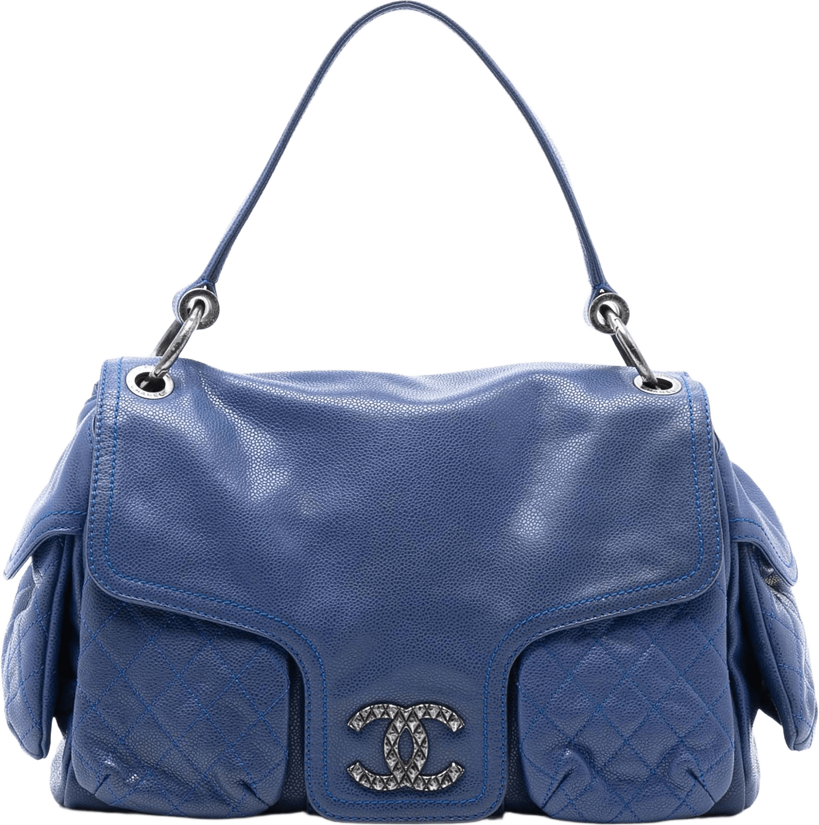 Chanel Glazed Caviar Coco Rider Multi Pocket Rider Flap, från Luxclusif, i färgen blue.