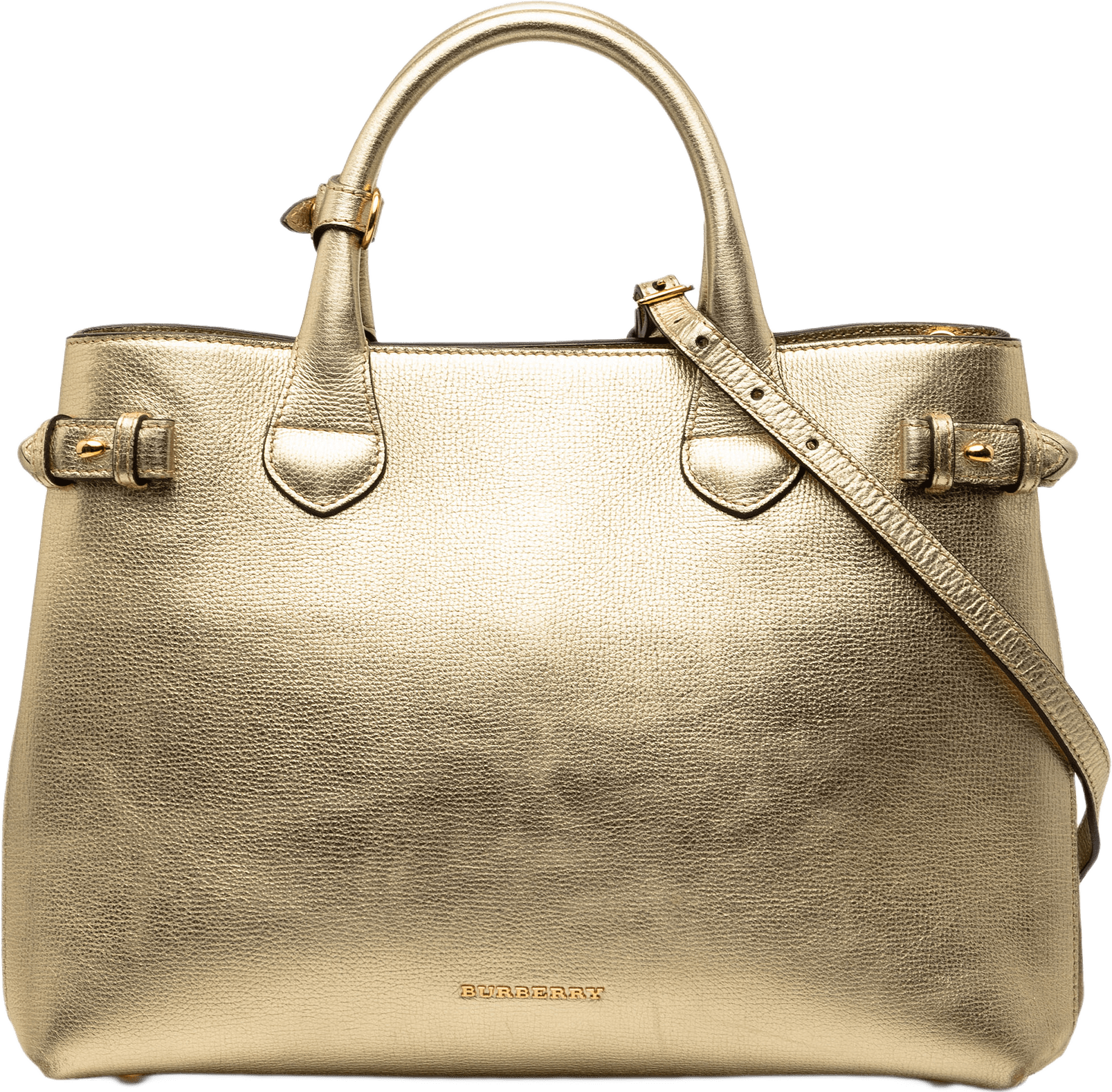 Burberry Medium Metallic Leather And House Check Banner Satchel, från Luxclusif, i färgen gold.