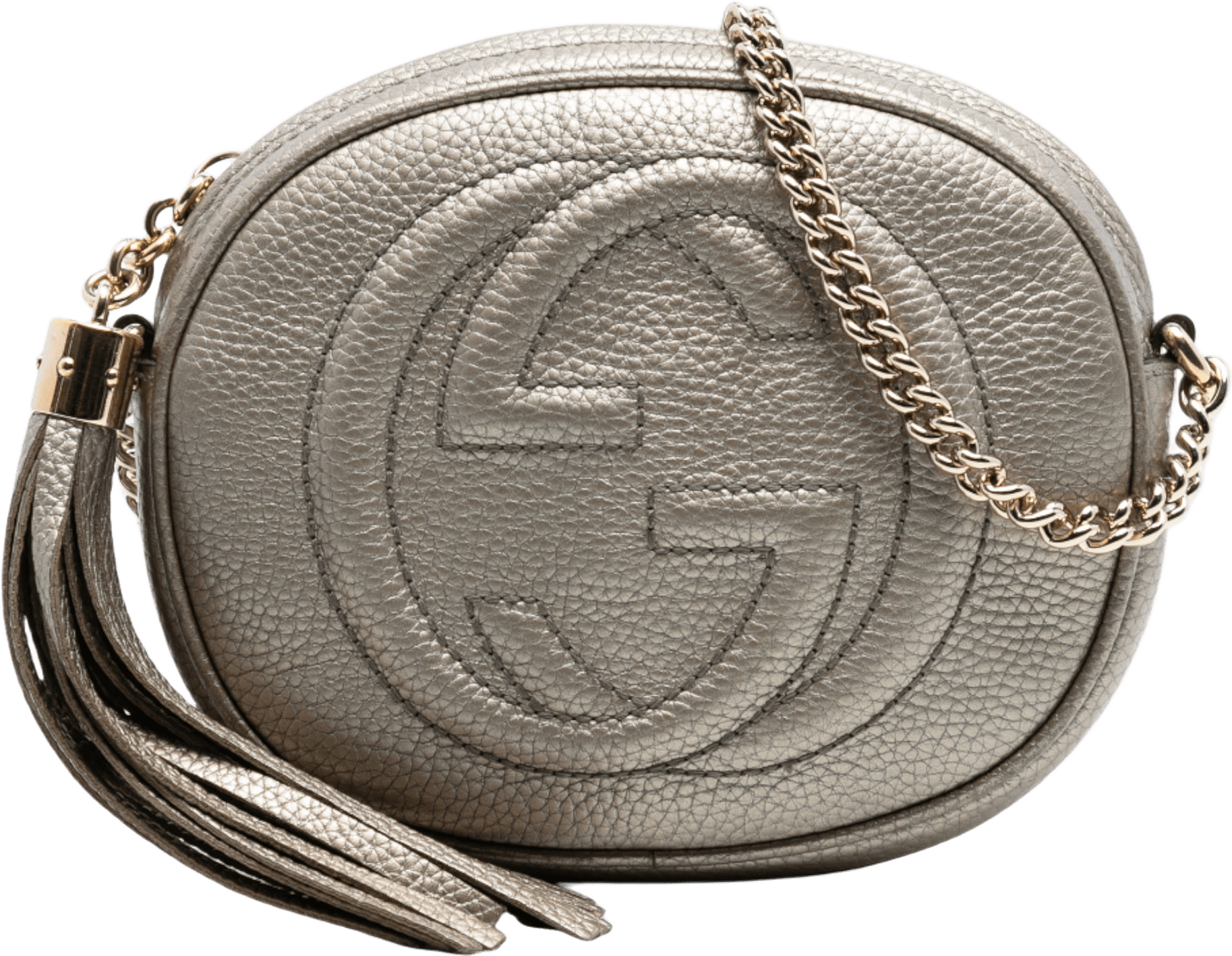 Gucci Mini Metallic Pebbled Calfskin Soho Chain Crossbody, från Luxclusif, i färgen silver.