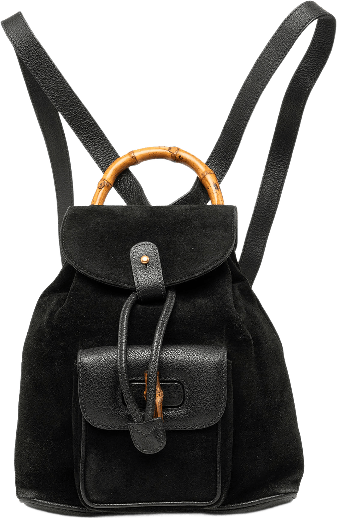 Gucci Suede Bamboo Drawstring Backpack, från Luxclusif, i färgen svart.