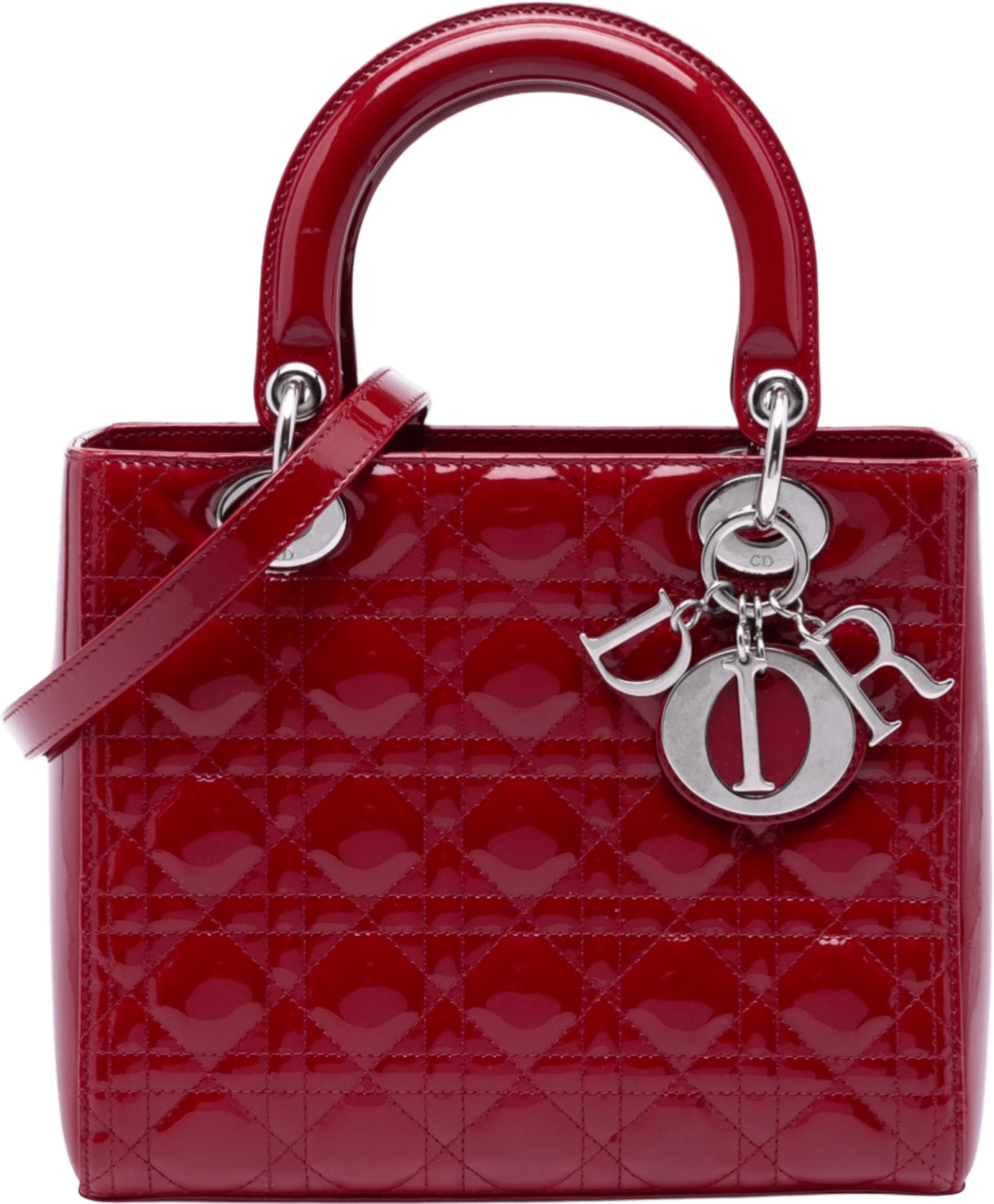 Dior Medium Patent Cannage Lady Dior, från Luxclusif, i färgen dark red.