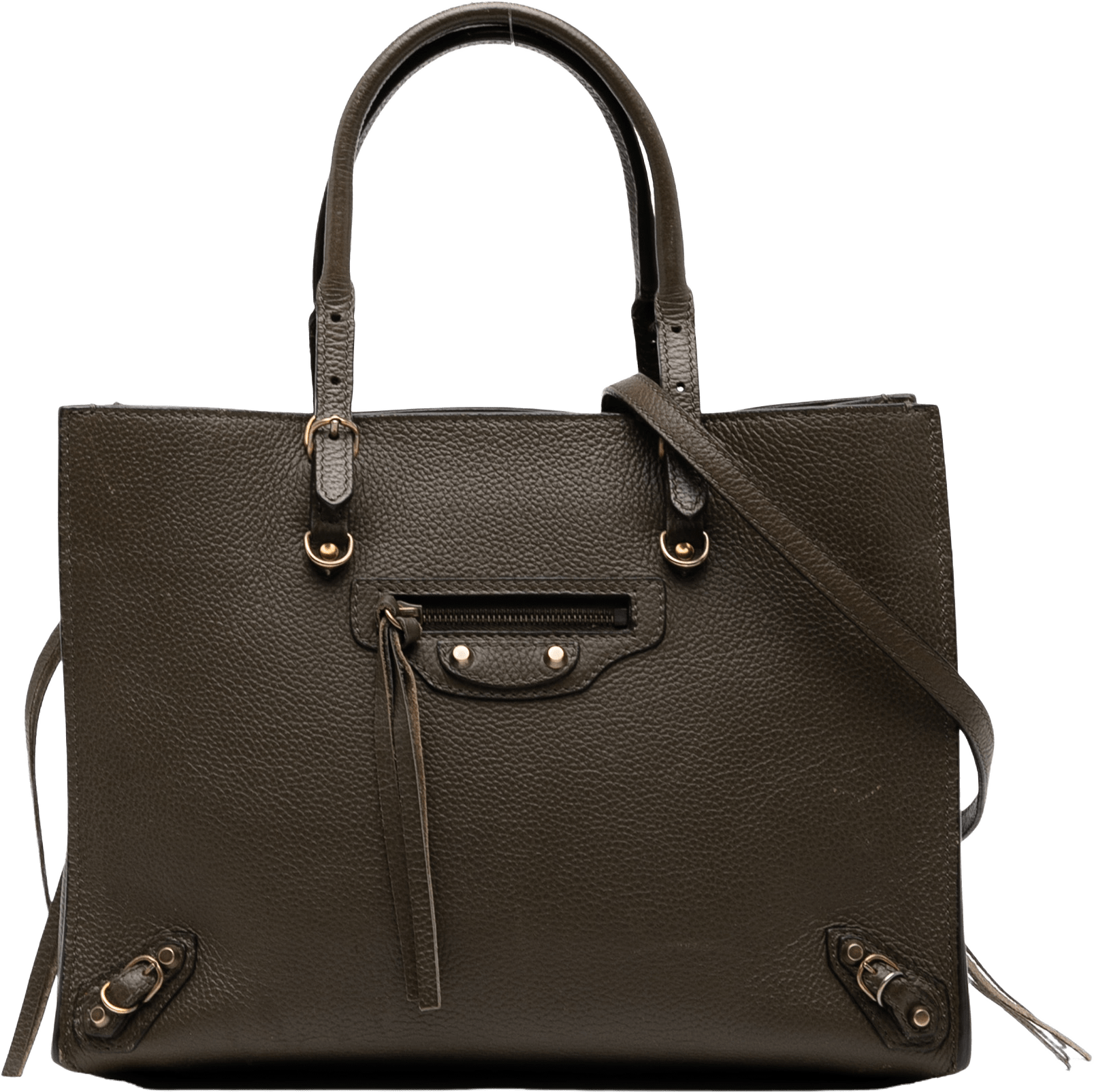 Balenciaga Veau Papier A6 Zip Around Satchel, från Luxclusif, i färgen dark khaki.