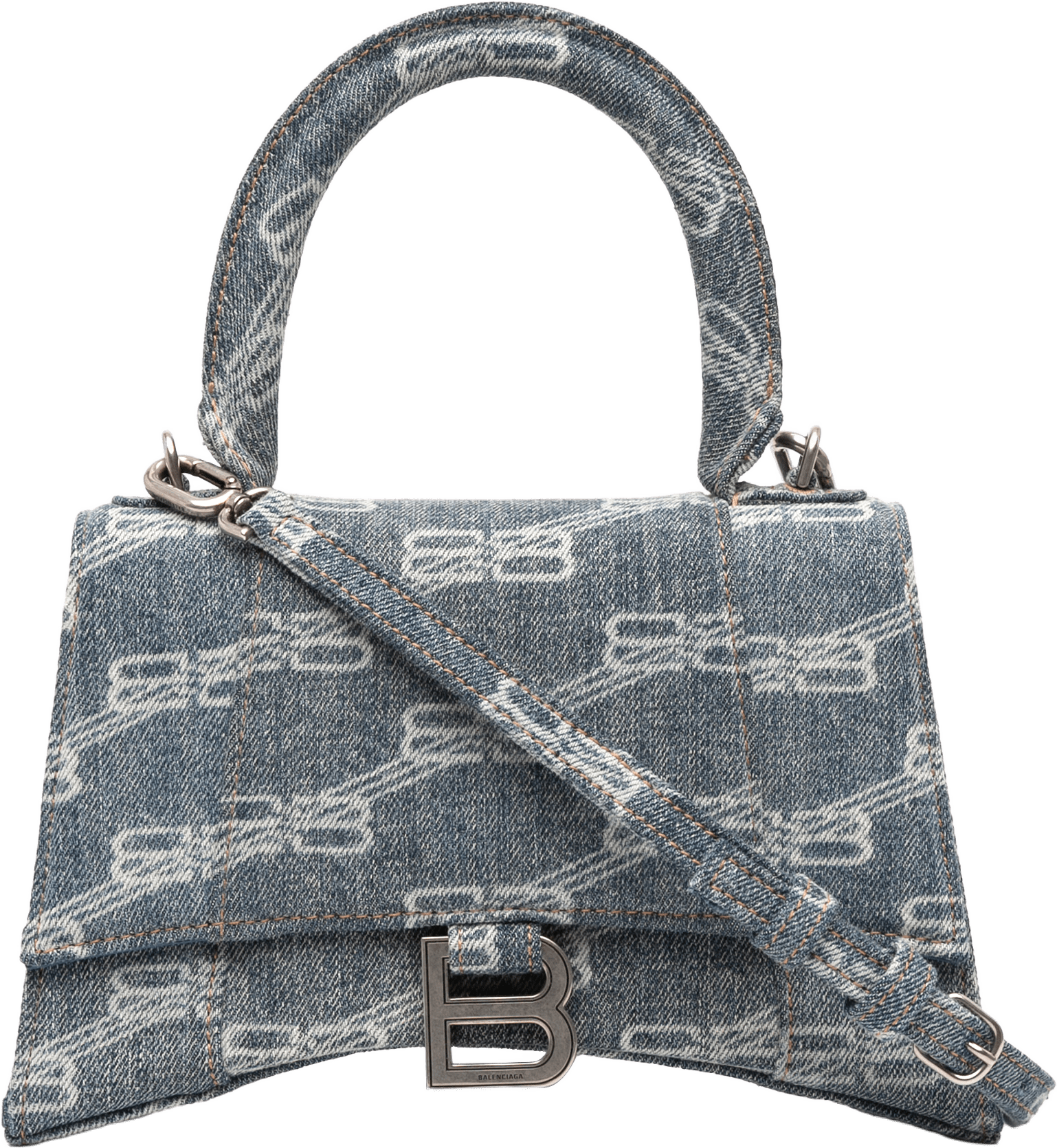 Balenciaga Small Bb Monogram Denim Hourglass Top Handle Bag, från Luxclusif, i färgen denim.