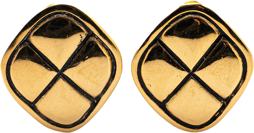 Chanel Gold Plated Matelasse Diamond Clip On Earrings
