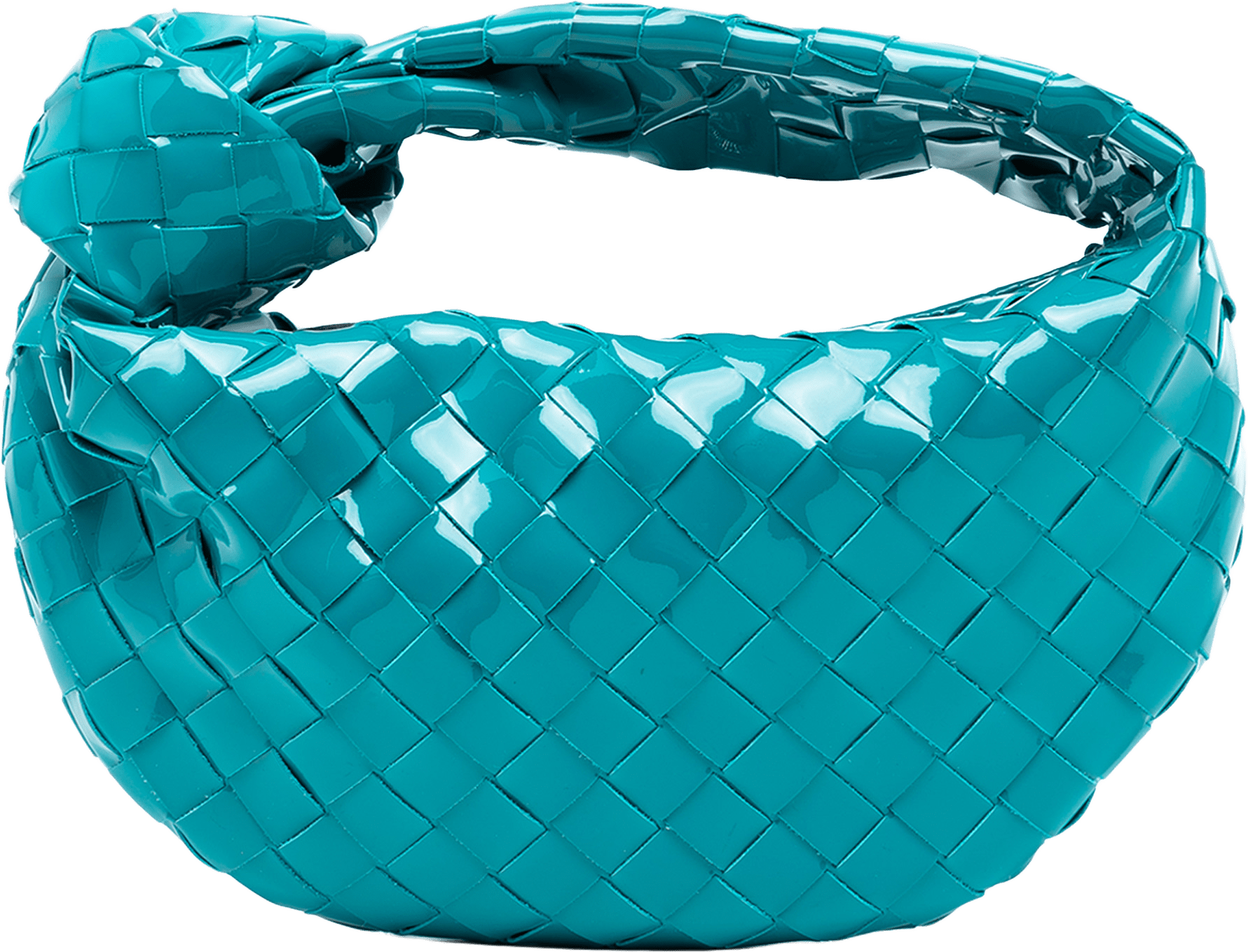 Bottega Veneta Mini Patent Intrecciato Jodie, från Luxclusif, i färgen turquoise.