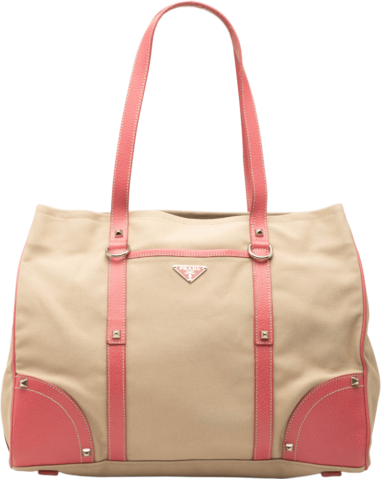 Prada Studded Leather Trimmed Canvas Front Pocket Tote, från Luxclusif, i färgen beige.