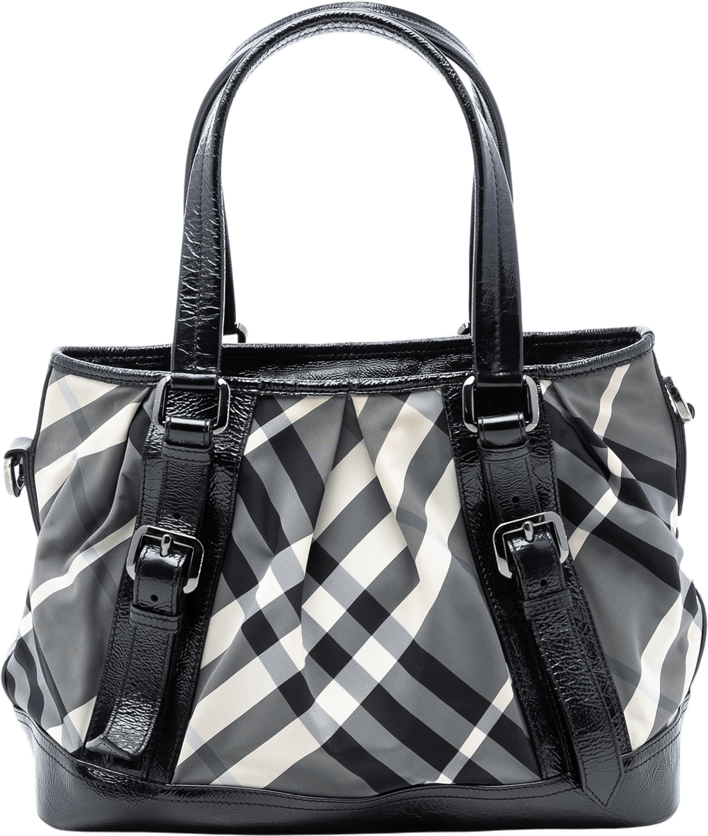 Burberry Medium Beat Check Nylon Lowry Satchel, från Luxclusif, i färgen gray.