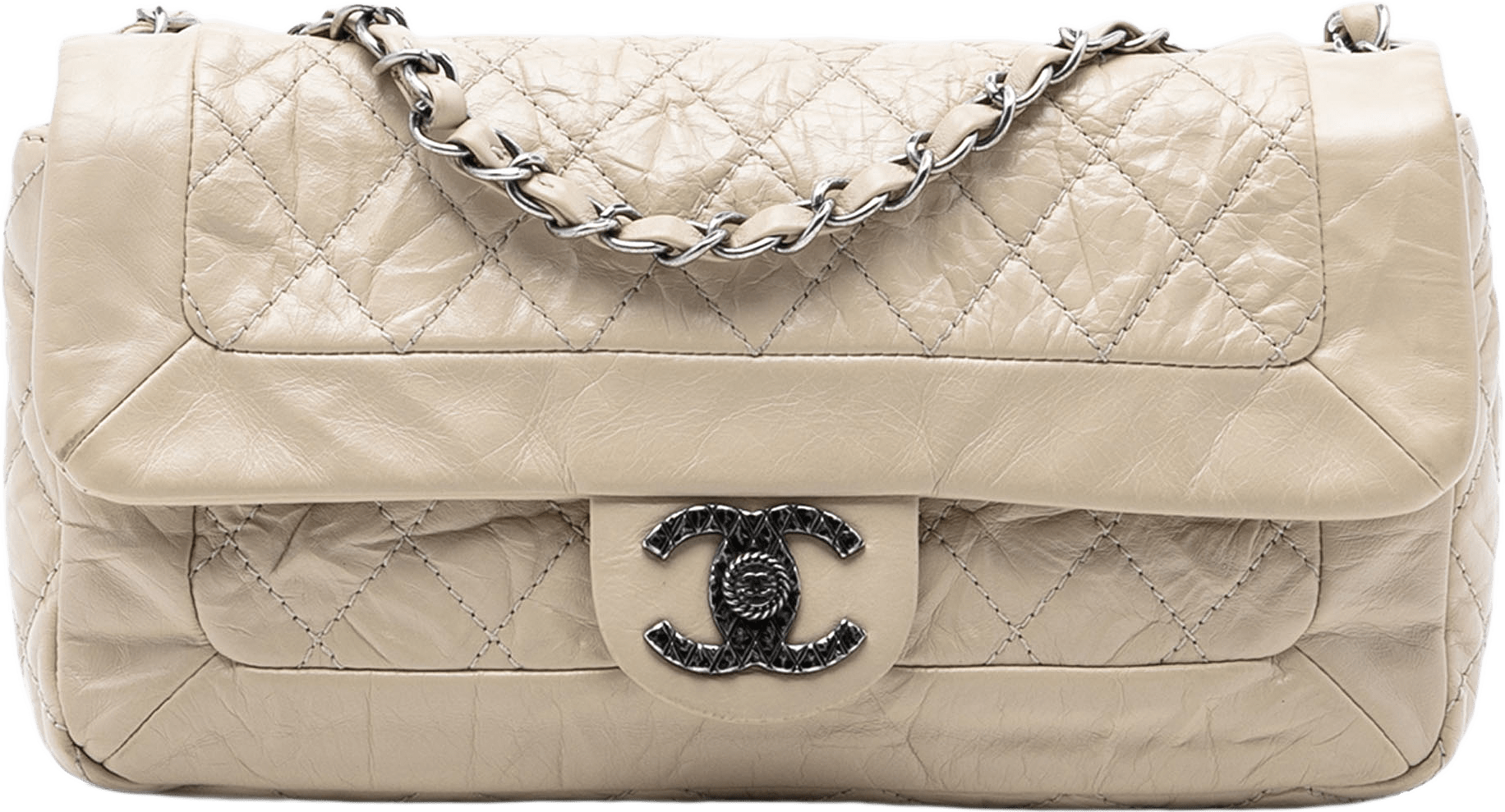 Chanel Aged Calfskin Coco Rider Flap, från Luxclusif, i färgen light beige.