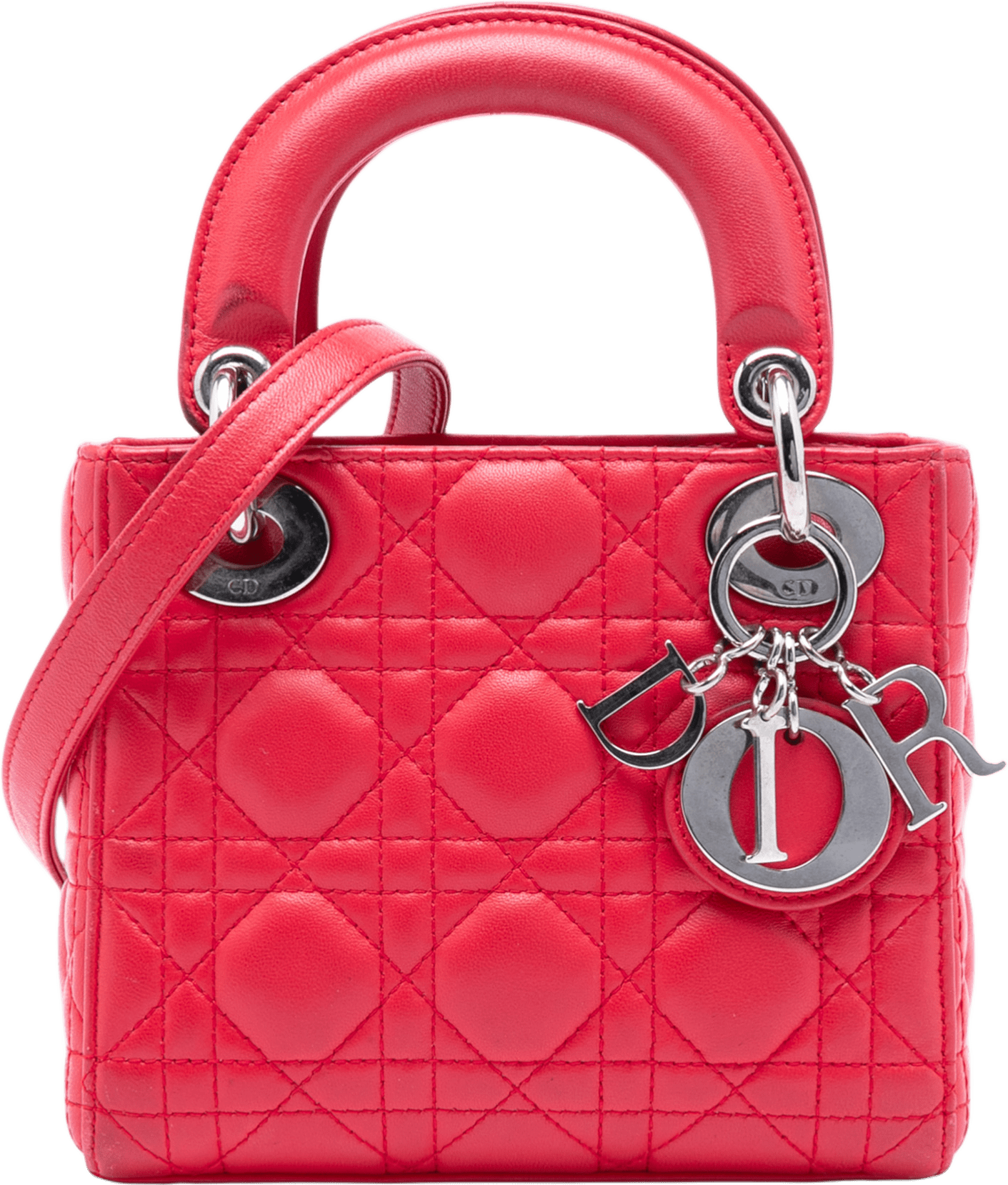 Dior Mini Lambskin Cannage Lady Dior, från Luxclusif, i färgen red.