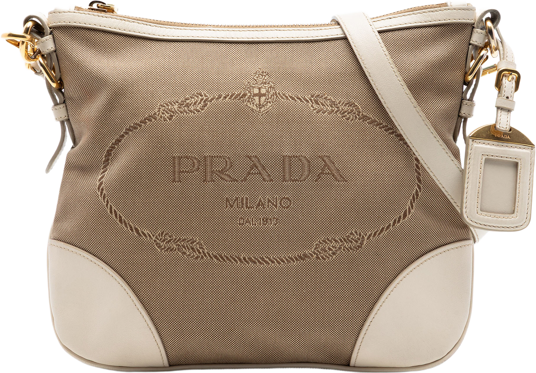 Prada Canvas Canapa Logo Crossbody, från Luxclusif, i färgen light brown.