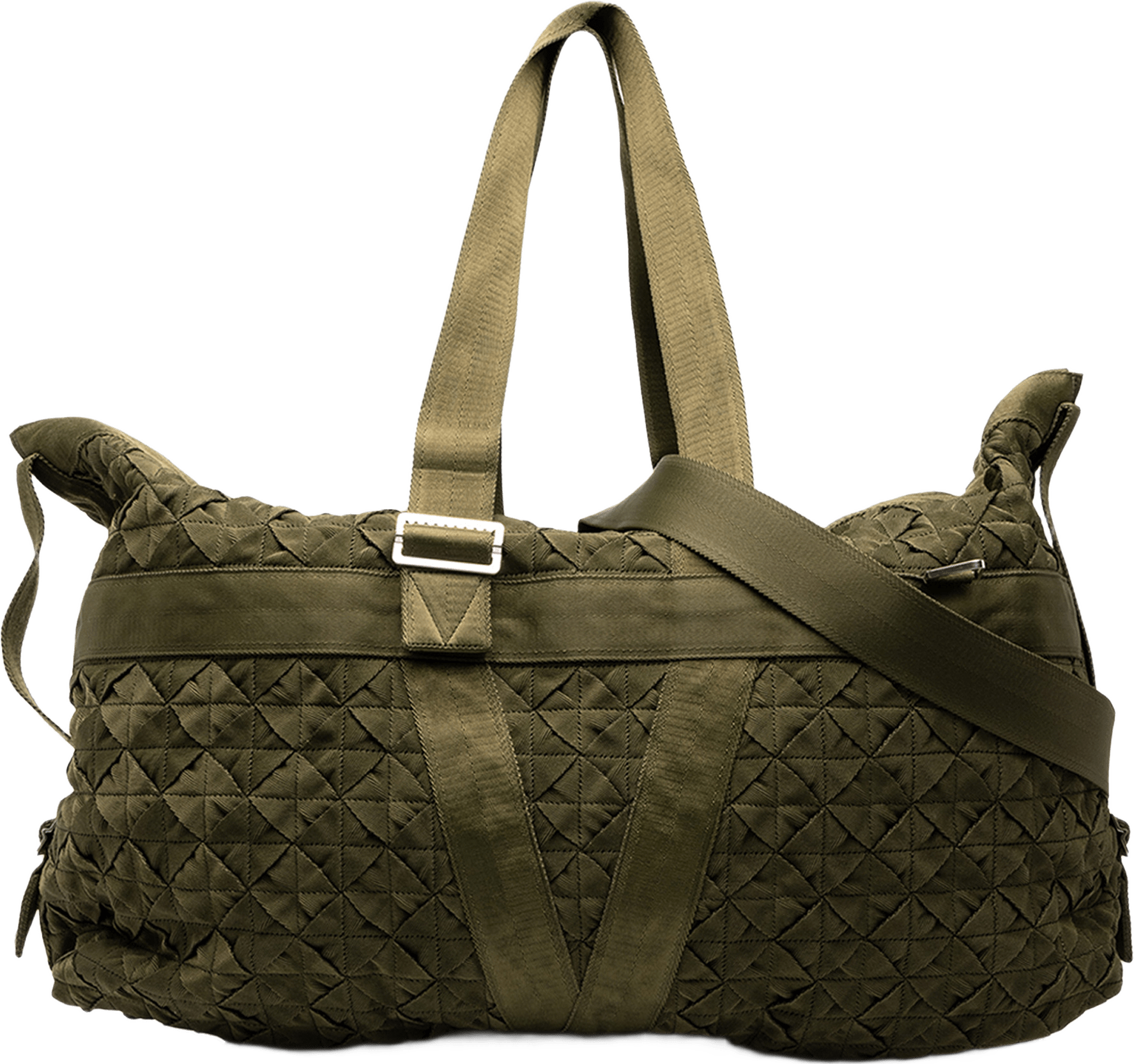 Bottega Veneta Canvas Intrecciato Webbing Cassette Duffle Bag, från Luxclusif, i färgen grön.