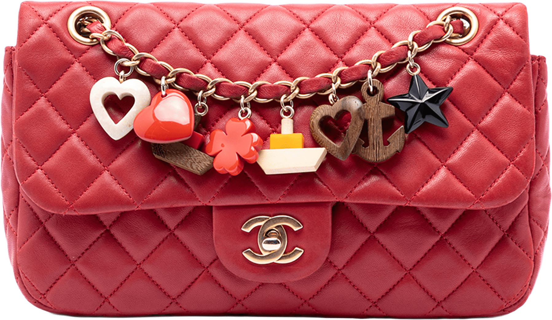 Chanel Medium Classic Lambskin Marine Charms Single Flap, från Luxclusif, i färgen red.
