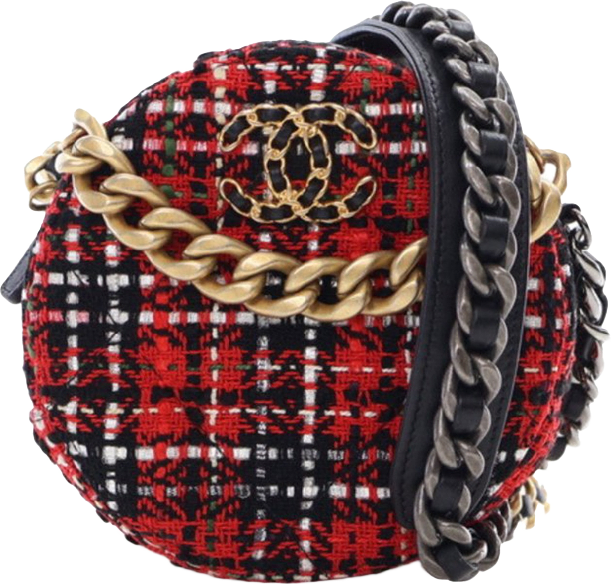 Chanel Tweed 19 Round Clutch With Chain, från Luxclusif, i färgen red.