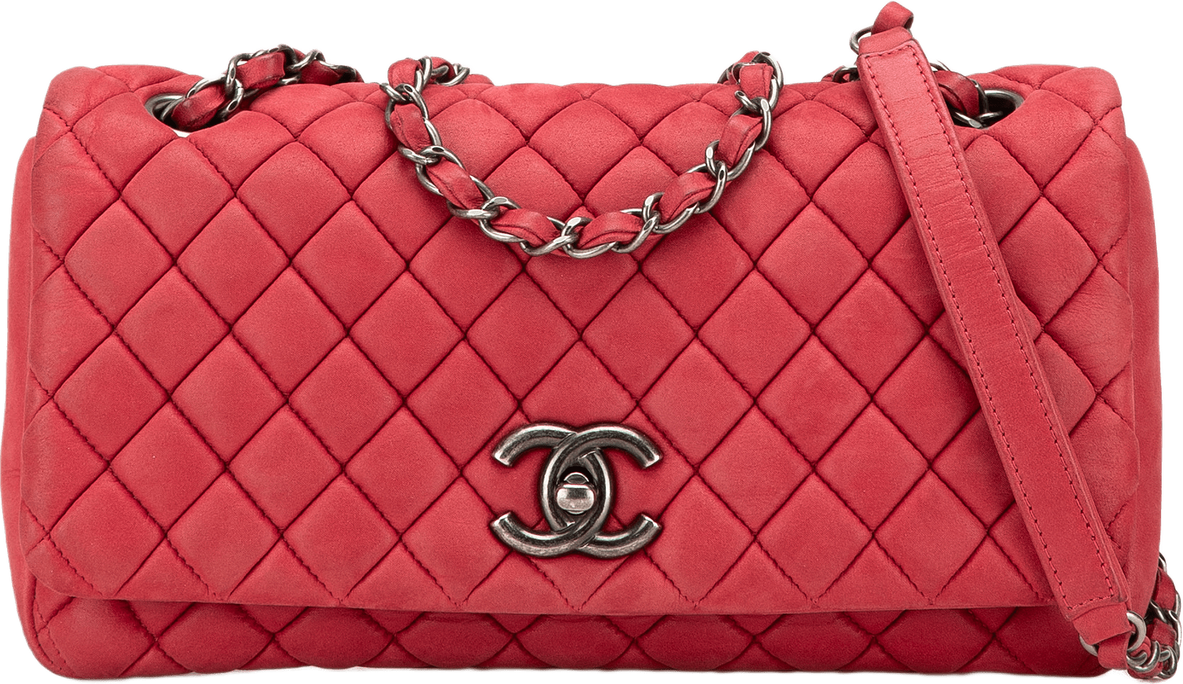 Chanel Small Iridescent Calfskin New Bubble Flap, från Luxclusif, i färgen red.