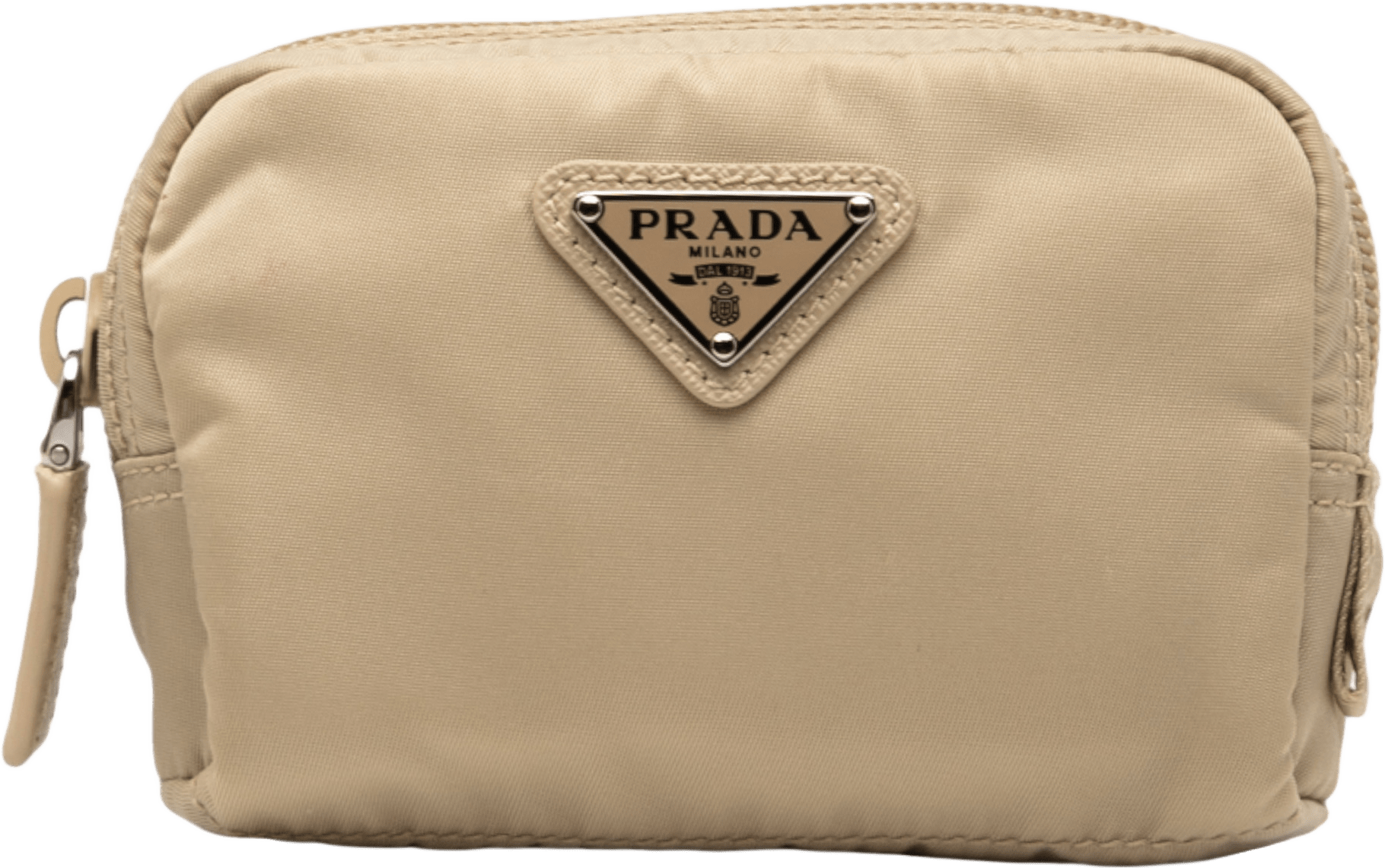 Prada Tessuto Cosmetic Pouch, från Luxclusif, i färgen beige.