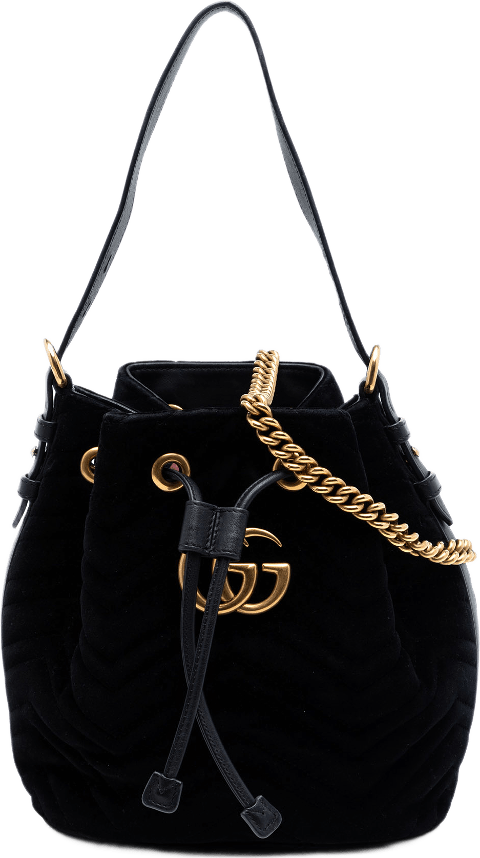 Gucci Gg Marmont 2.0 Matelasse Velvet Bucket Bag, från Luxclusif, i färgen svart.