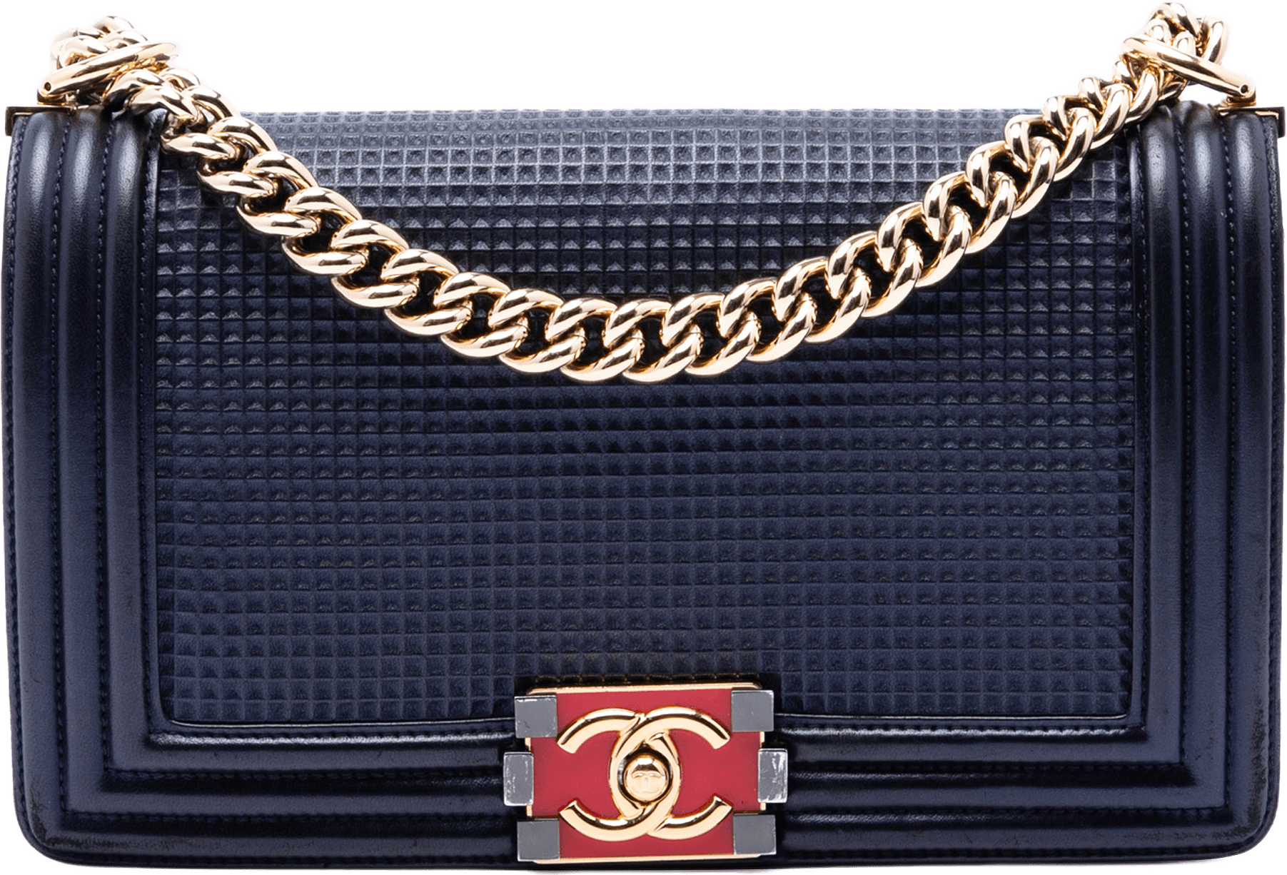 Chanel Old Medium Lambskin Embossed Cube Boy Flap, från Luxclusif, i färgen navy.