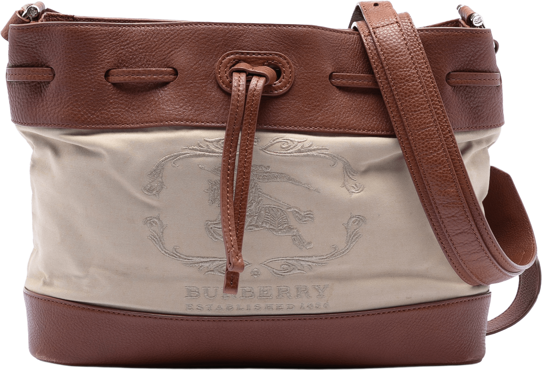 Burberry Leather Trimmed Canvas Drawstring Bucket Bag, från Luxclusif, i färgen light beige.