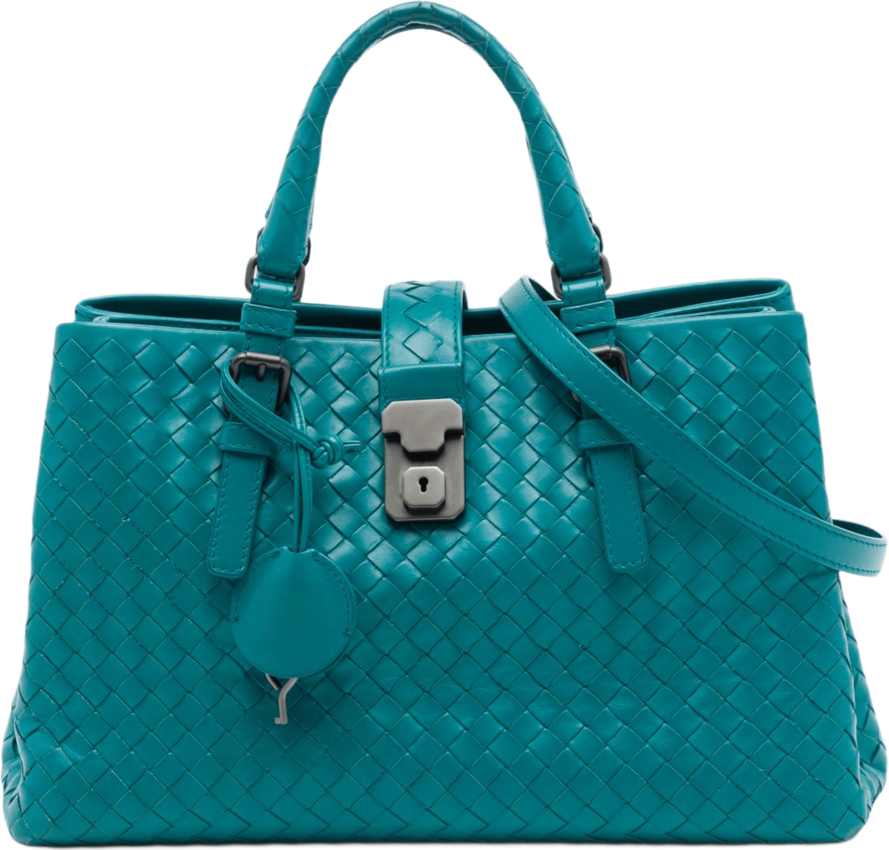 Bottega Veneta Small Nappa Intrecciato Roma Satchel, från Luxclusif, i färgen blå.