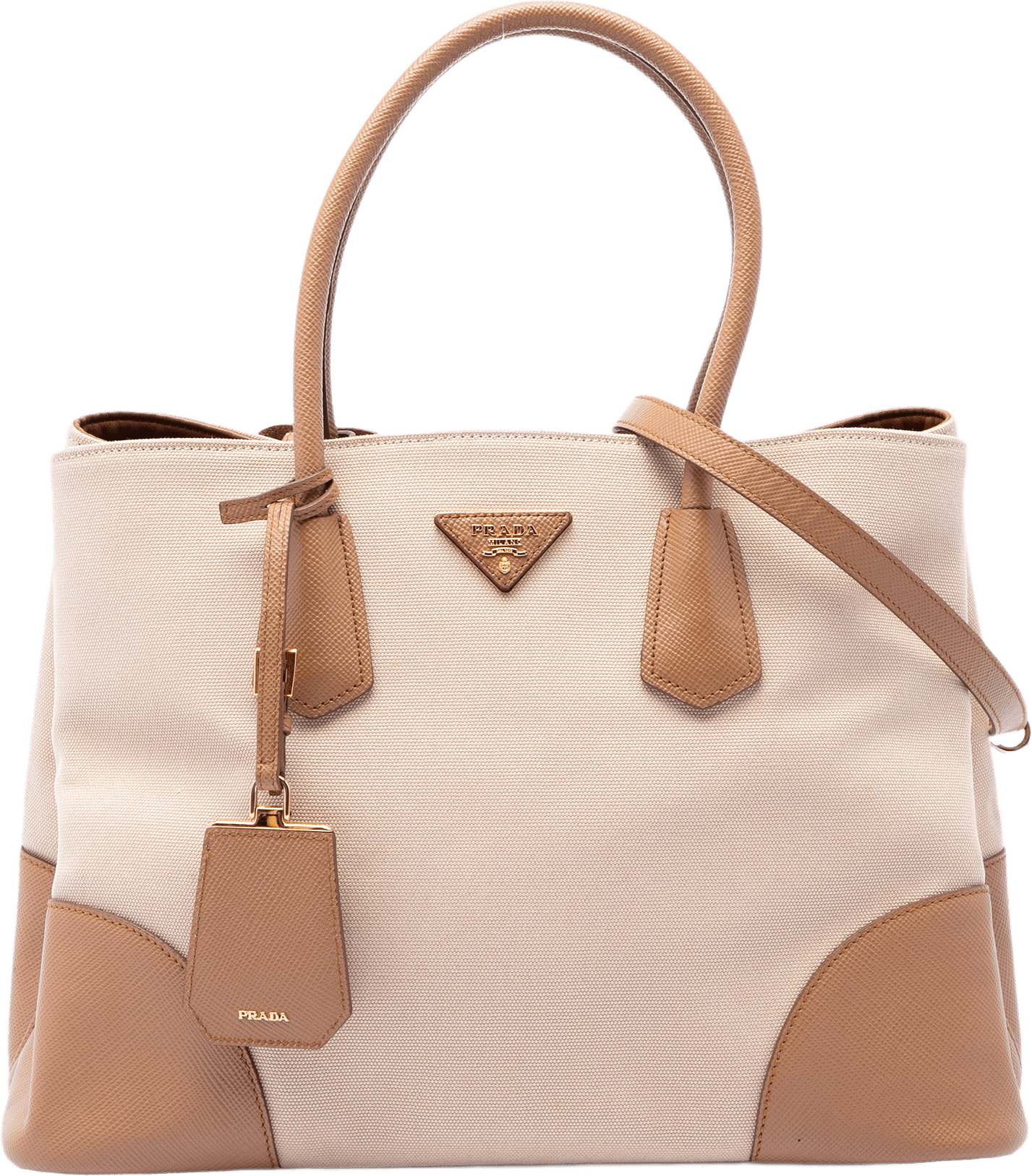 Prada Medium Canvas And Saffiano Cuir Double Satchel, från Luxclusif, i färgen beige.