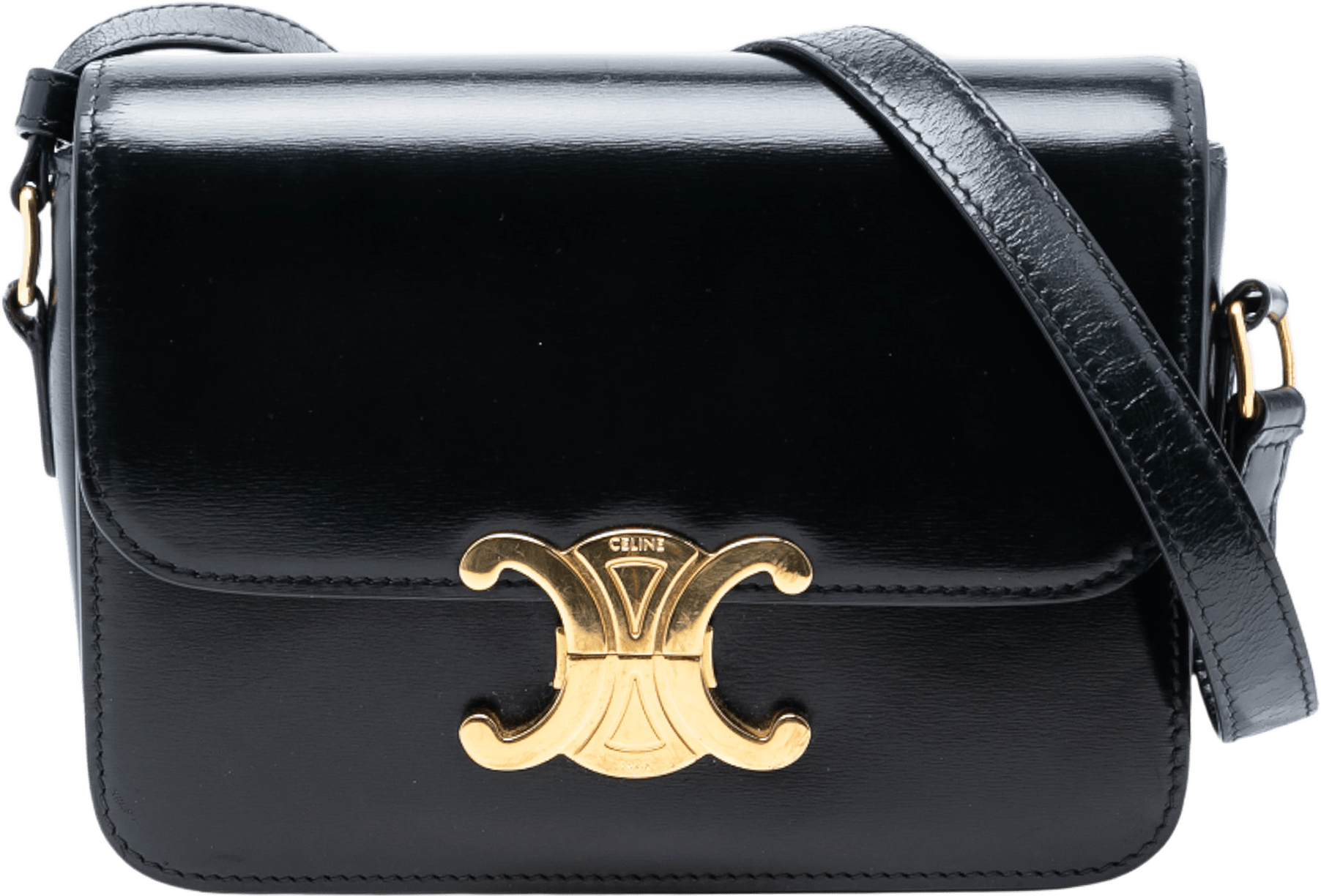 Celine Teen Shiny Calfskin Triomphe Crossbody, från Luxclusif, i färgen black.