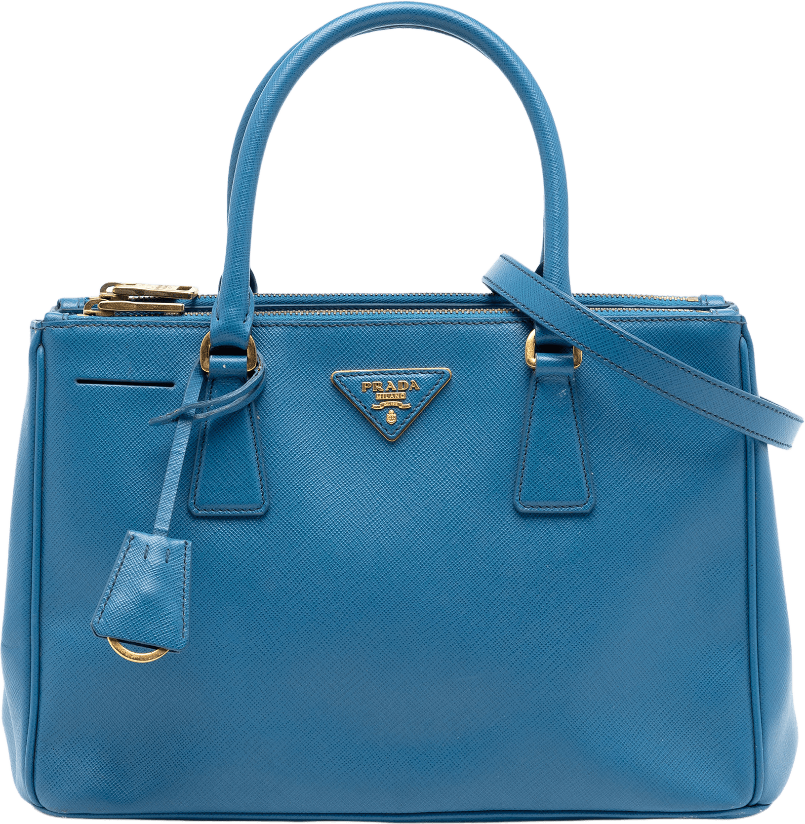 Prada Small Saffiano Lux Galleria Double Zip Satchel, från Luxclusif, i färgen aqua.