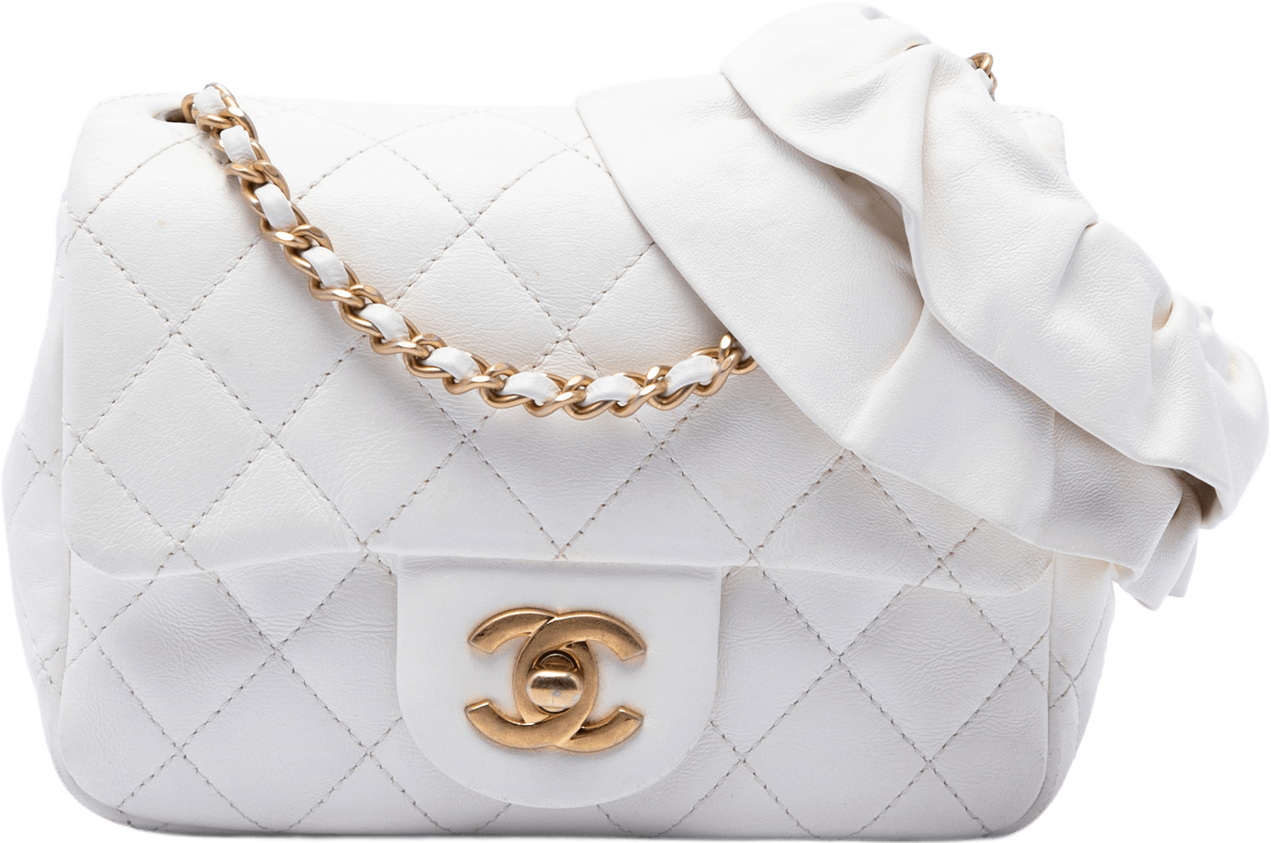 Chanel Mini Square Lambskin Romance Single Flap, från Luxclusif, i färgen vit.