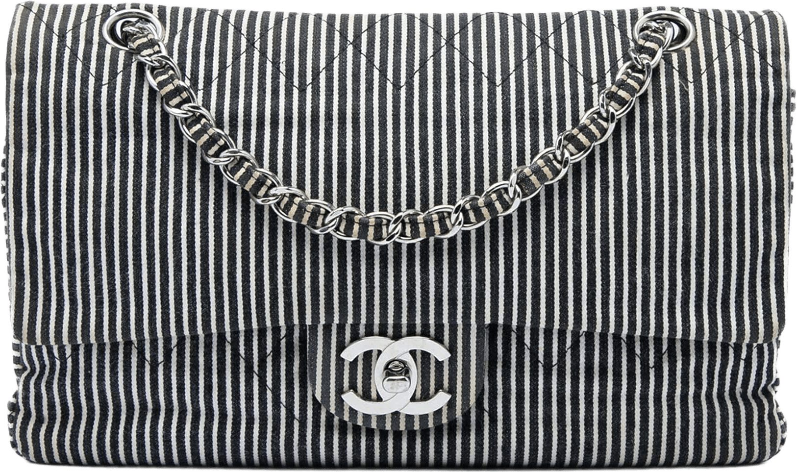 Chanel Medium Classic Canvas Stripes Double Flap, från Luxclusif, i färgen svart.
