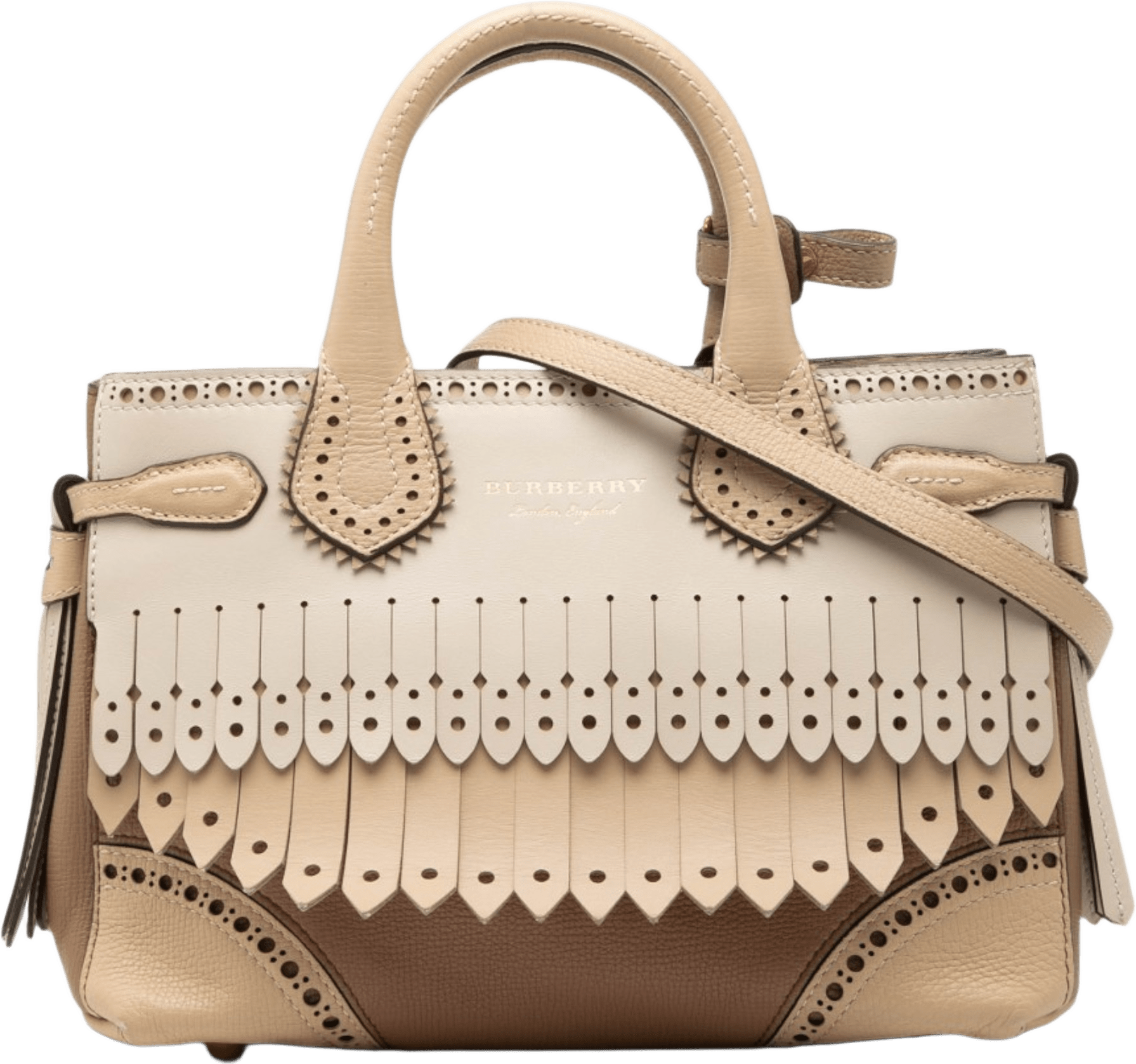 Burberry Small Leather Brogue Banner Satchel, från Luxclusif, i färgen beige.
