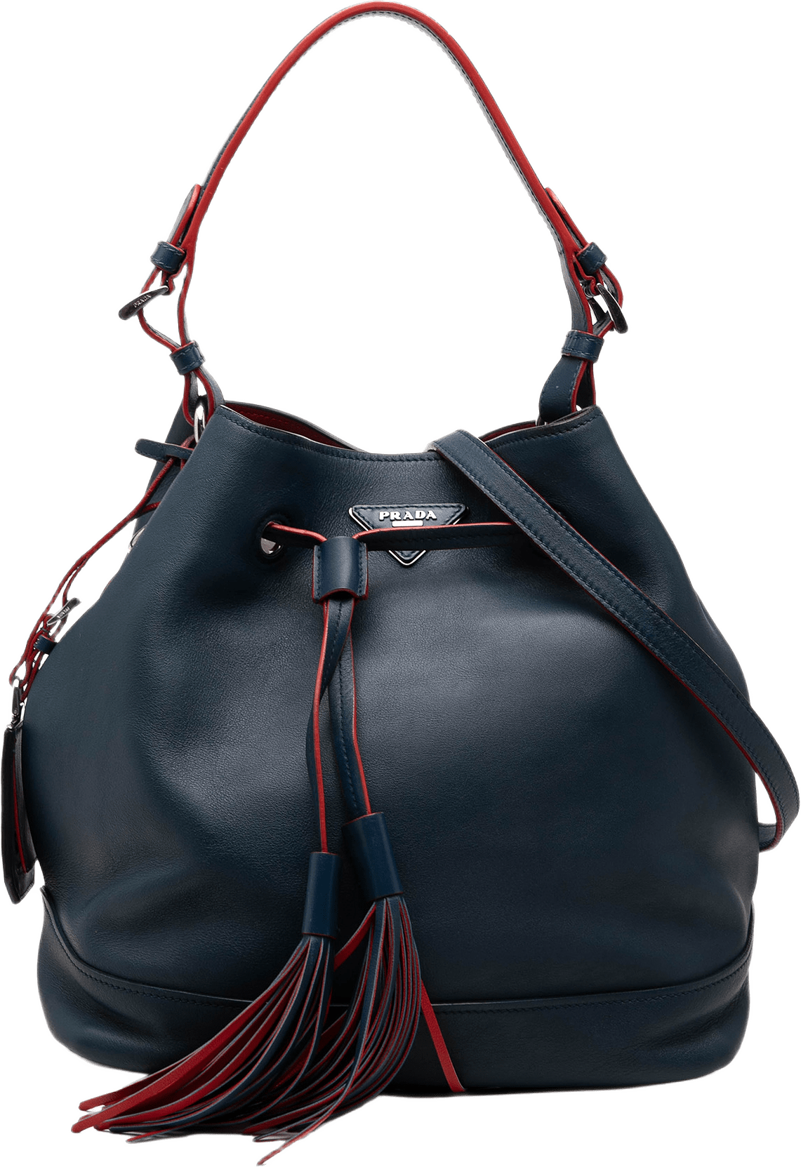 Prada Soft Calf Tassel Convertible Drawstring Bucket Bag, från Luxclusif, i färgen navy.