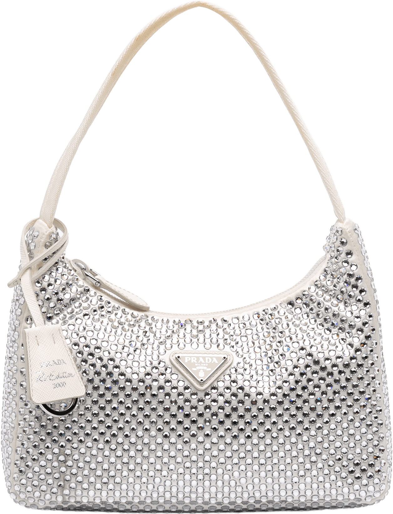 Prada Mini Satin Crystal Re-edition 2000 Shoulder Bag, från Luxclusif, i färgen white.