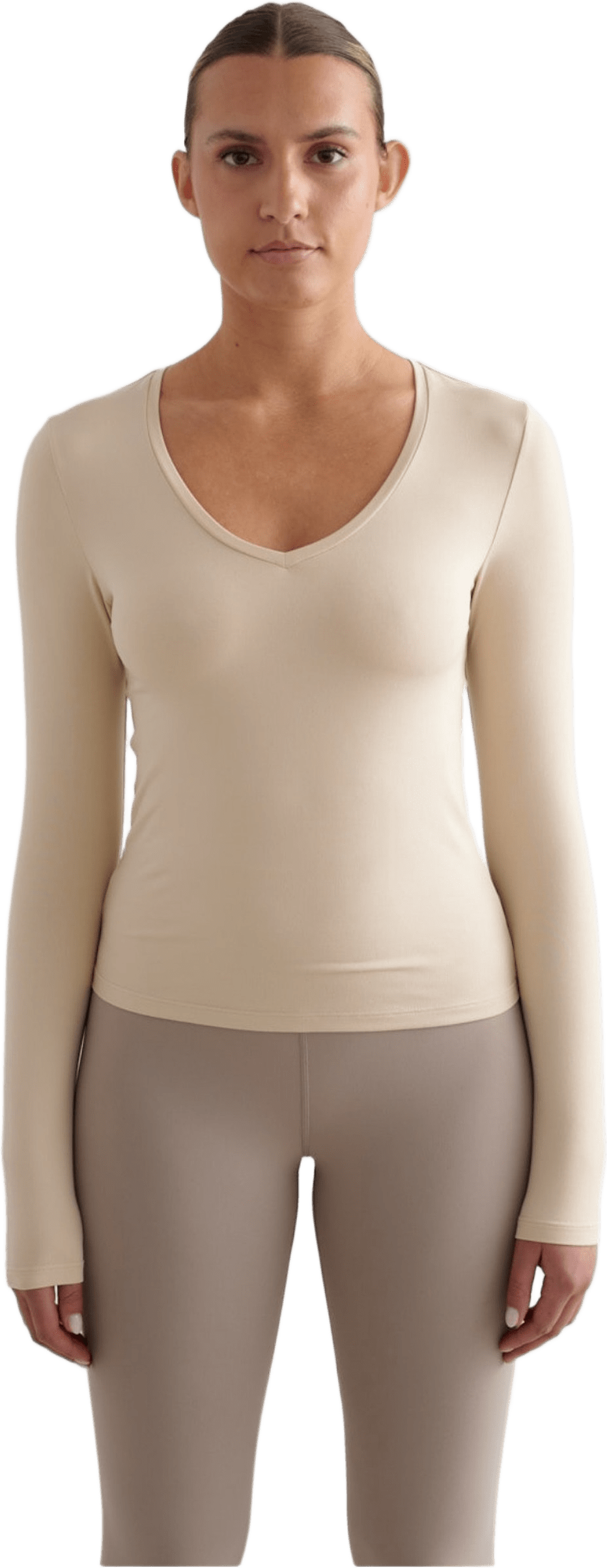 Soft Basic V-neck Long Sleeve, från aim'n, i färgen café au lait.