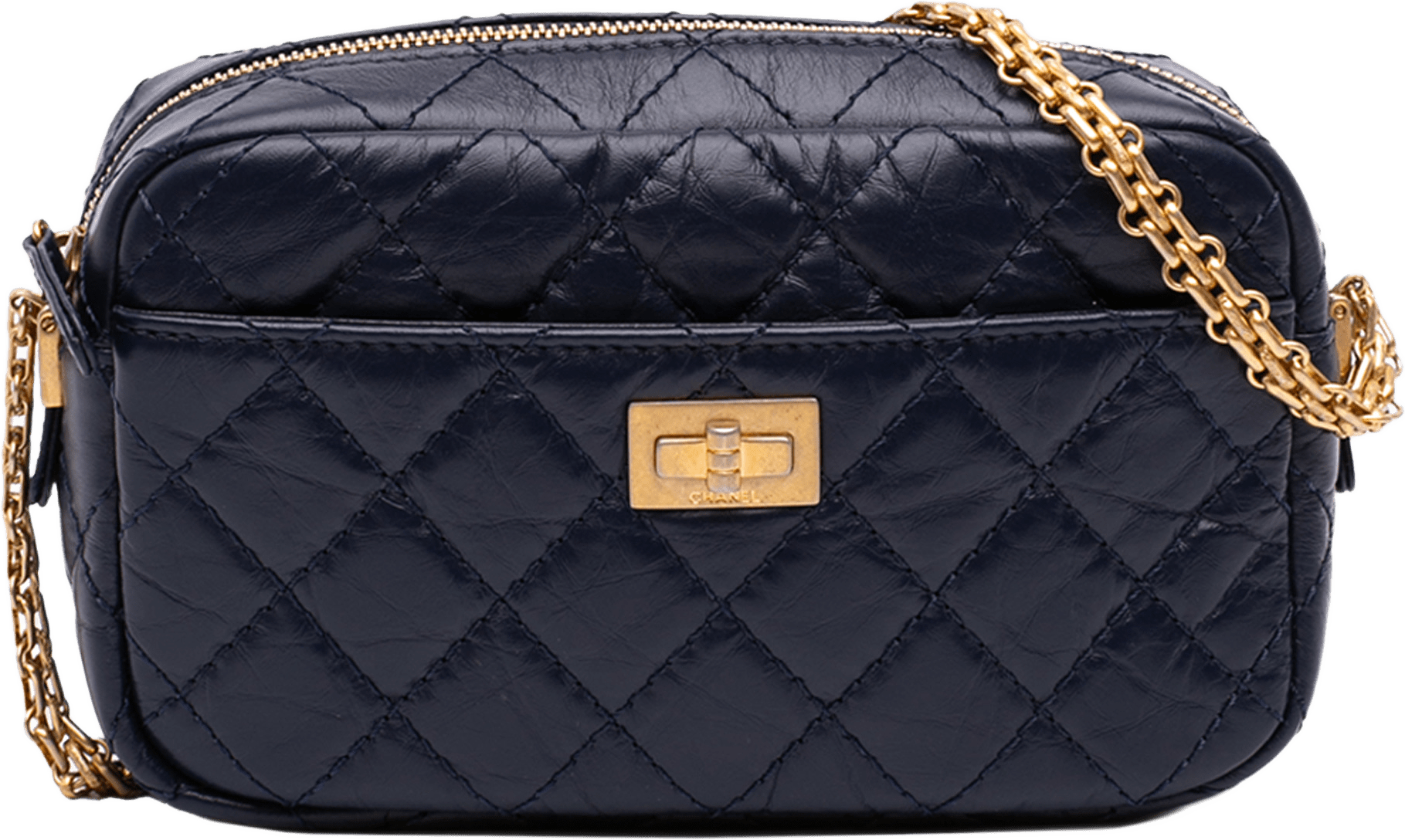Chanel Mini Quilted Aged Calfskin Reissue Camera Bag, från Luxclusif, i färgen blå.