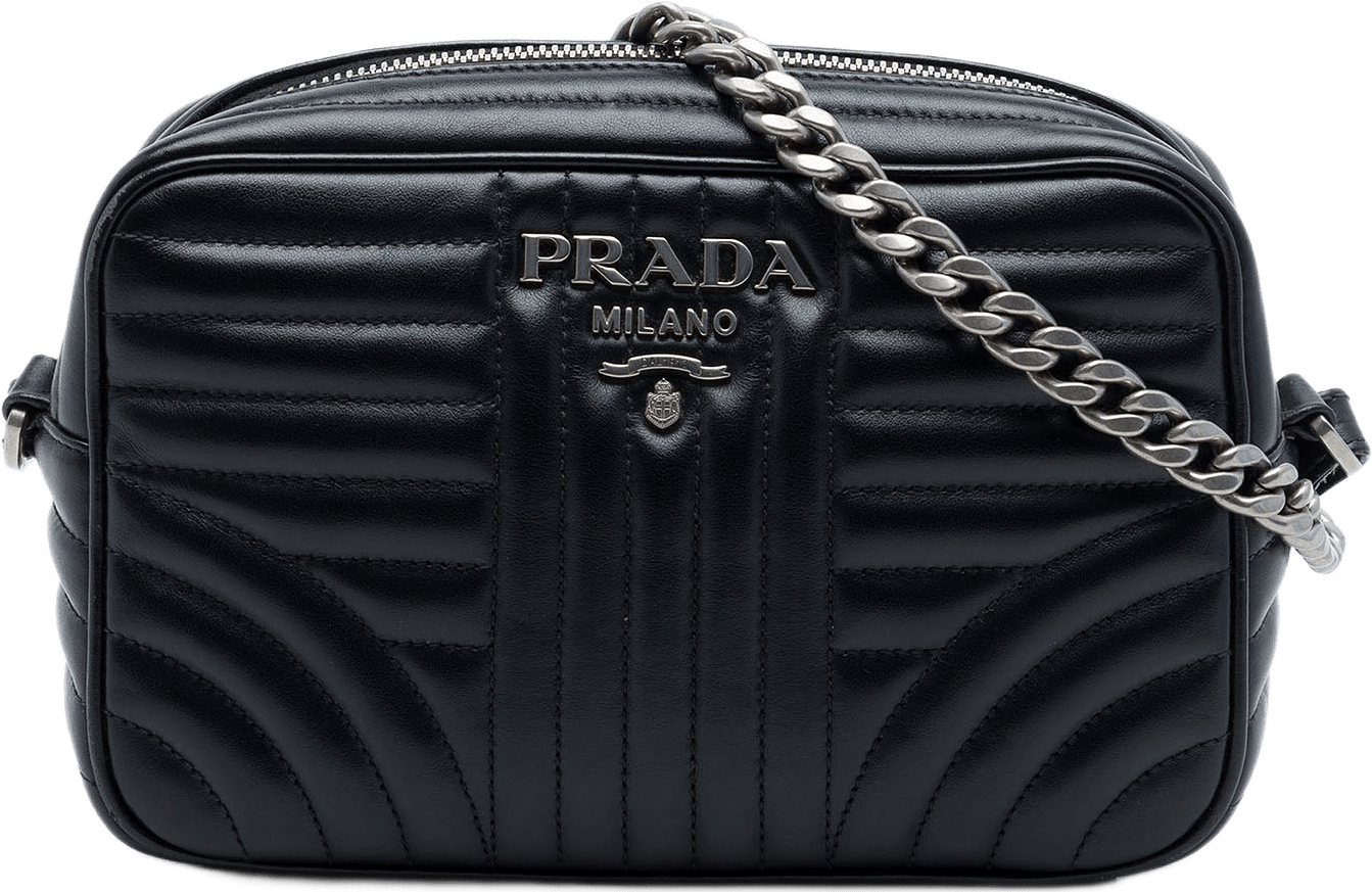 Prada Soft Calfskin Diagramme Camera Bag, från Luxclusif, i färgen svart.