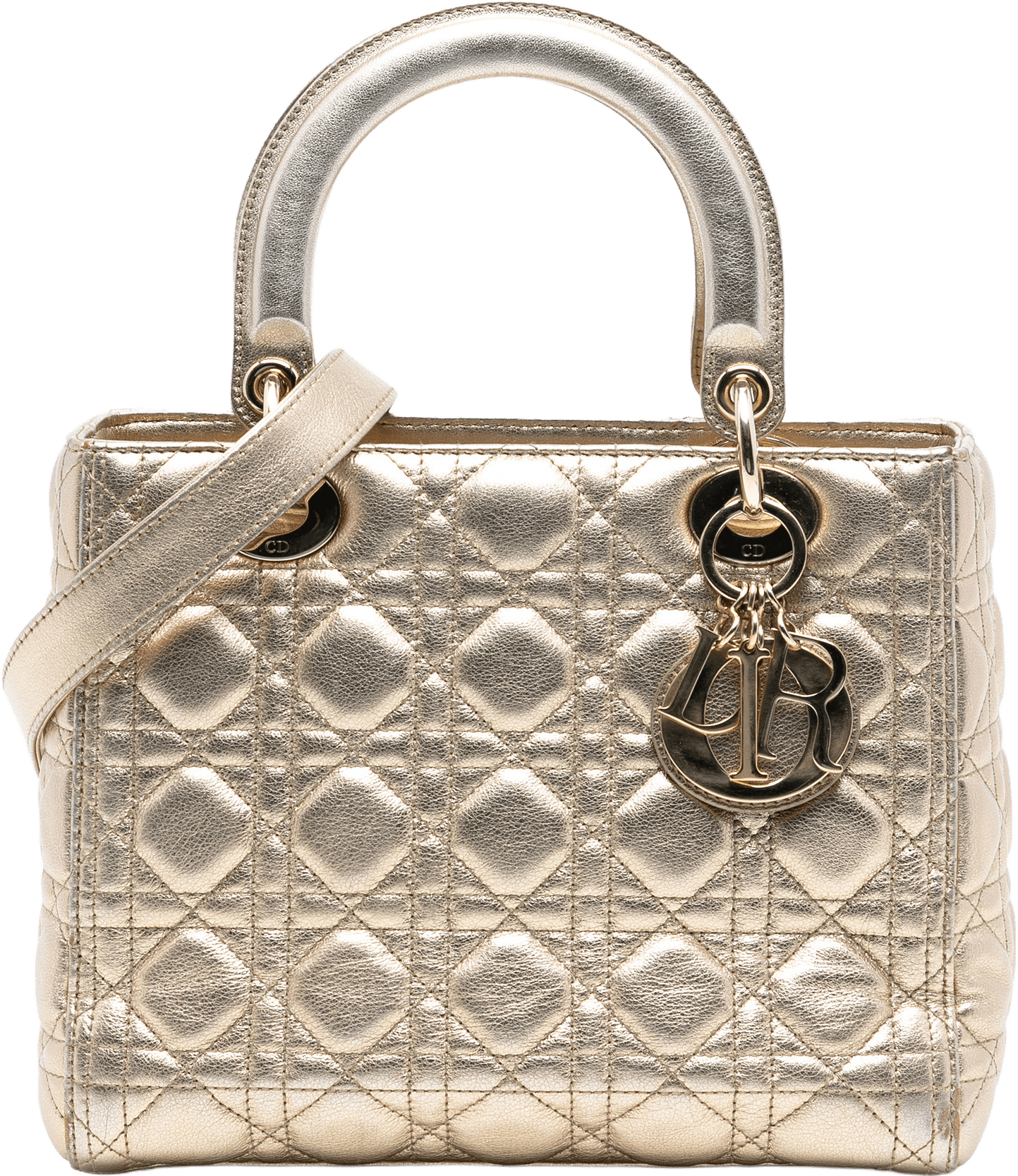 Dior Medium Metallic Lambskin Cannage Lady Dior, från Luxclusif, i färgen gold.