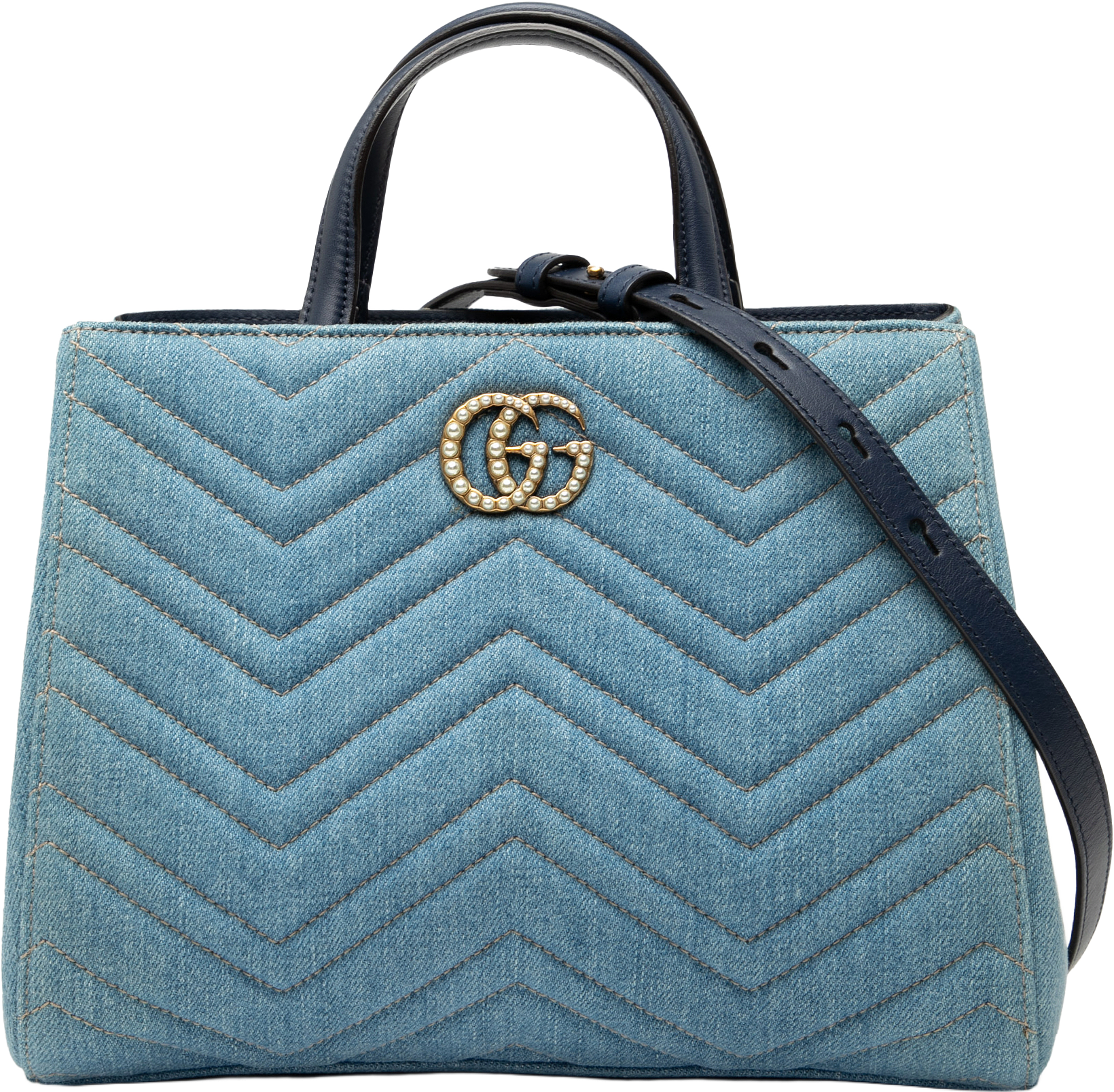 Gucci Small Gg Marmont Matelasse Denim Pearly Satchel, från Luxclusif, i färgen denim.
