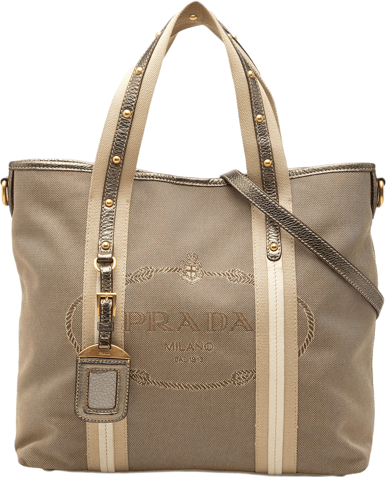 Prada Canvas Canapa Logo Satchel, från Luxclusif, i färgen beige.