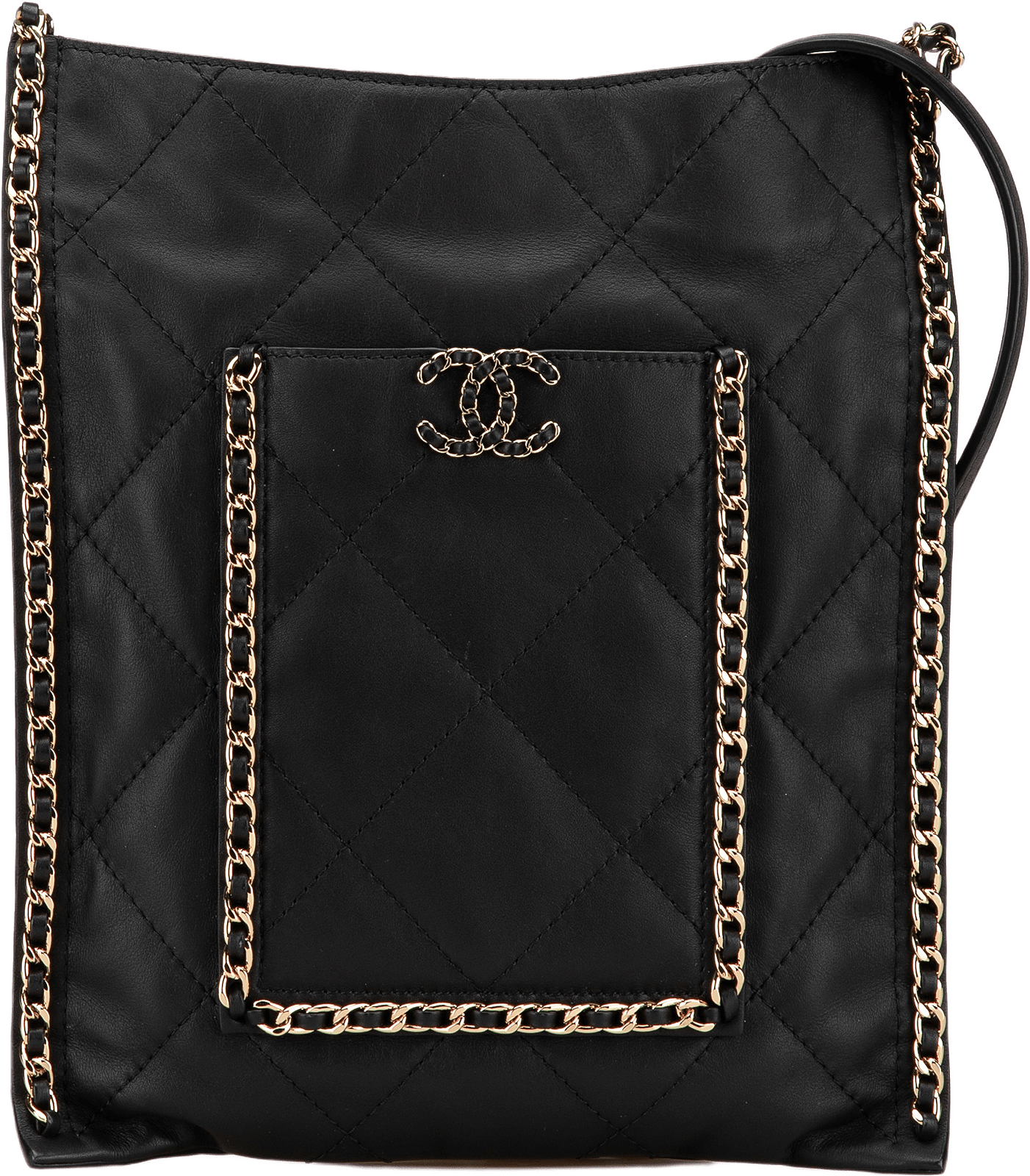 Chanel Quilted Calfskin Chain Flat Shoulder Bag, från Luxclusif, i färgen black.