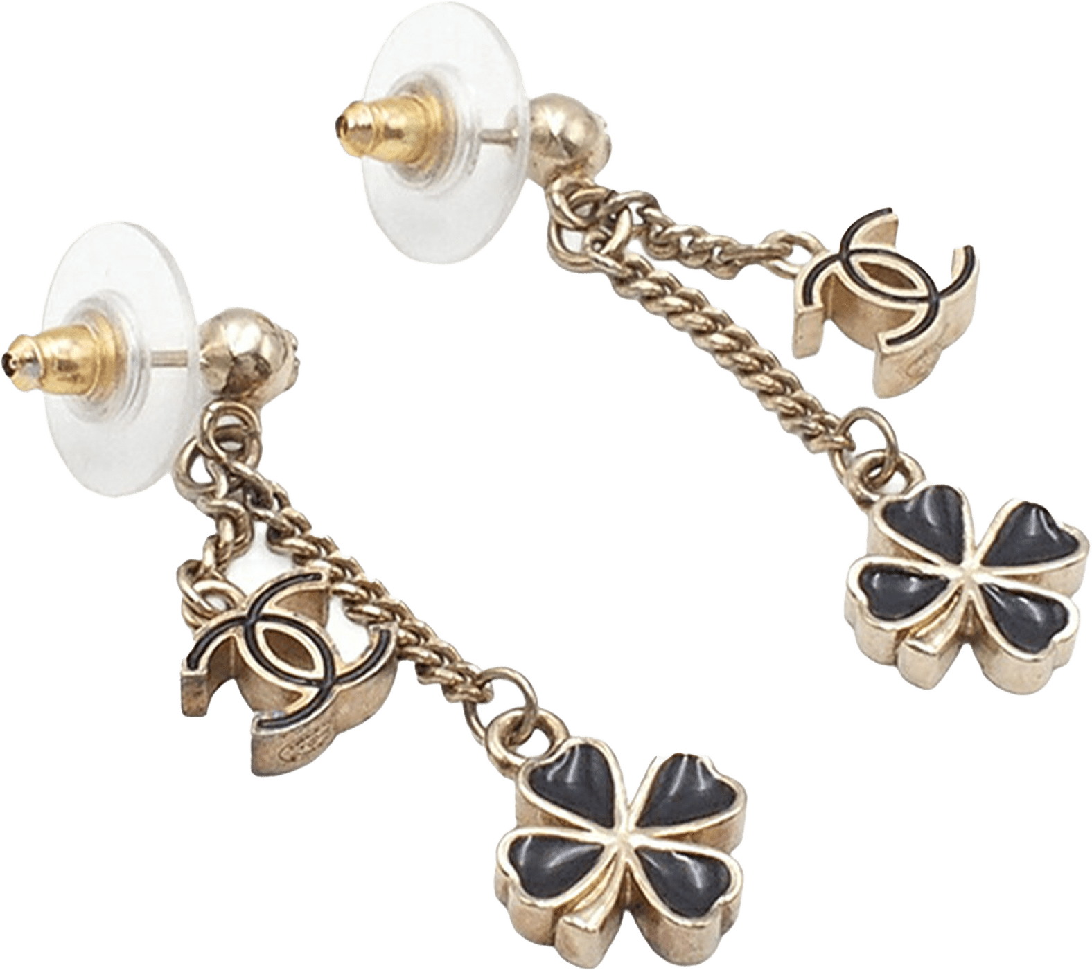 Chanel Cc Gold Plated Resin Clover Swing Push Back Earrings, från Luxclusif, i färgen light gold.