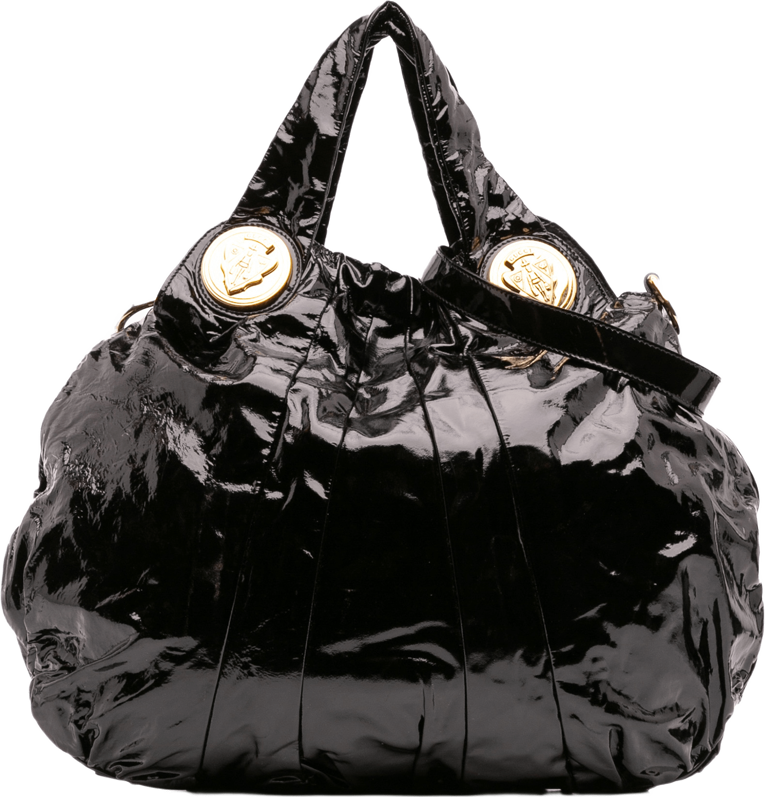 Gucci Large Patent Hysteria Satchel, från Luxclusif, i färgen black.