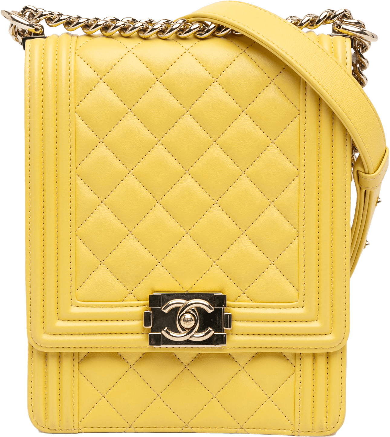 Chanel Quilted Lambskin North South Boy Flap, från Luxclusif, i färgen yellow.