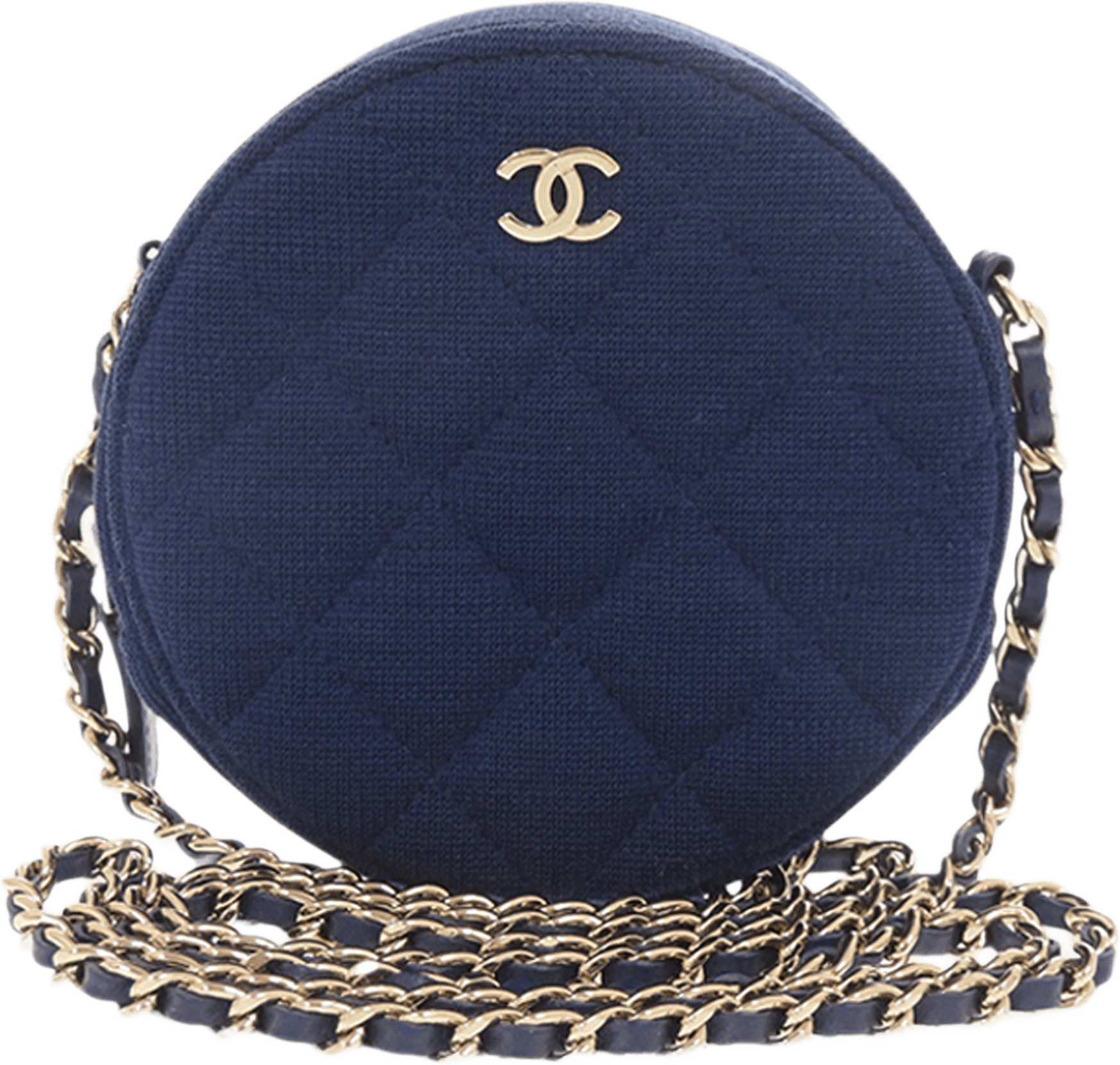 Chanel Cc Quilted Jersey Round Clutch With Chain, från Luxclusif, i färgen blue.