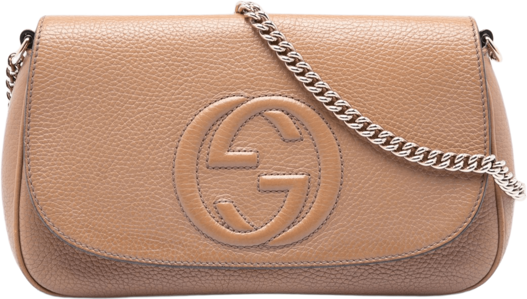 Gucci Medium Calfskin Soho Chain Flap Crossbody, från Luxclusif, i färgen light brown.