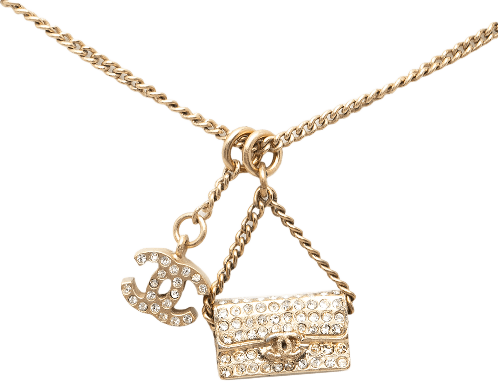 Chanel Gold Plated Rhinestone Cc And Flap Bag Pendant Necklace, från Luxclusif, i färgen gold.