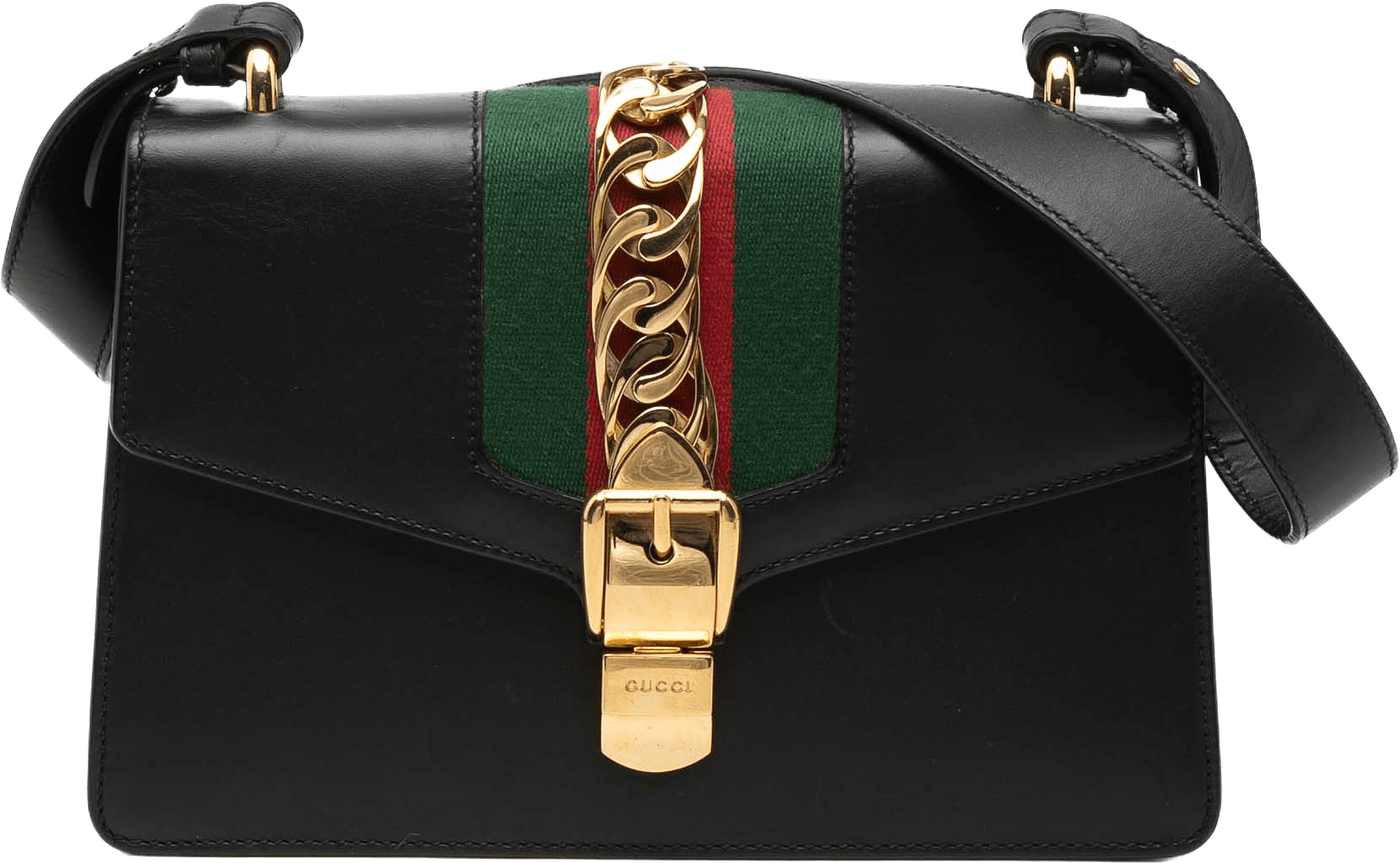 Gucci Small Leather Web Sylvie Satchel, från Luxclusif, i färgen black.