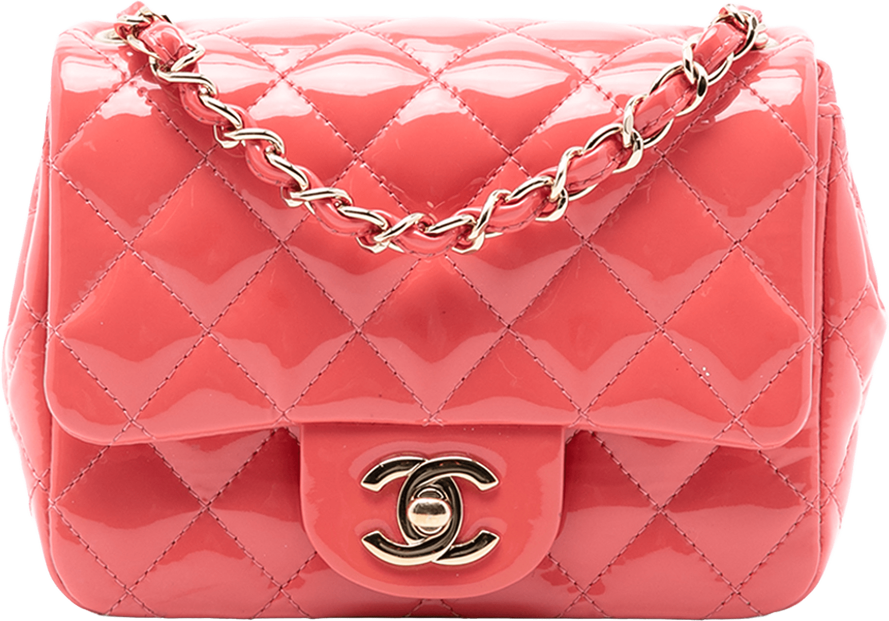 Chanel Mini Square Classic Patent Single Flap, från Luxclusif, i färgen pink.