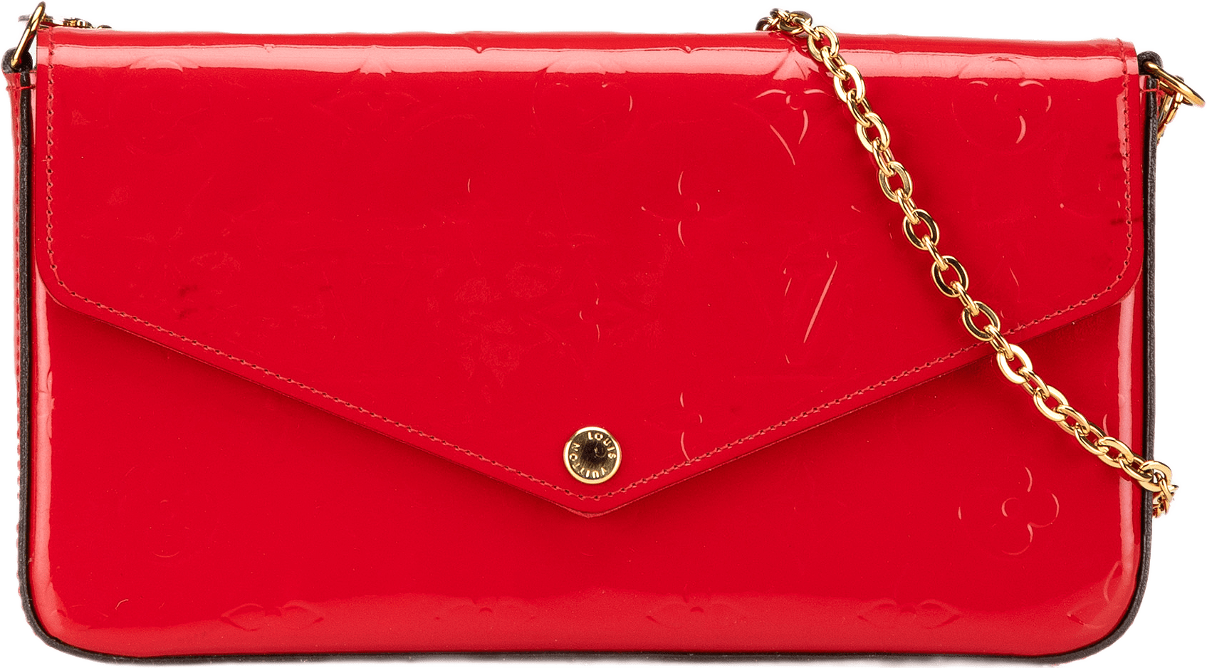 Louis Vuitton Monogram Vernis Pochette Felicie, från Luxclusif, i färgen red.